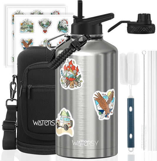87oz Insulated Water Bottle (Cold for 48 Hrs),BPA Free&Leak Proof,1.5 Gallon Stainless Steel Water Flask,Water Jug with Straw Spout Lids for Gym,Hiking,Camping,Stainless