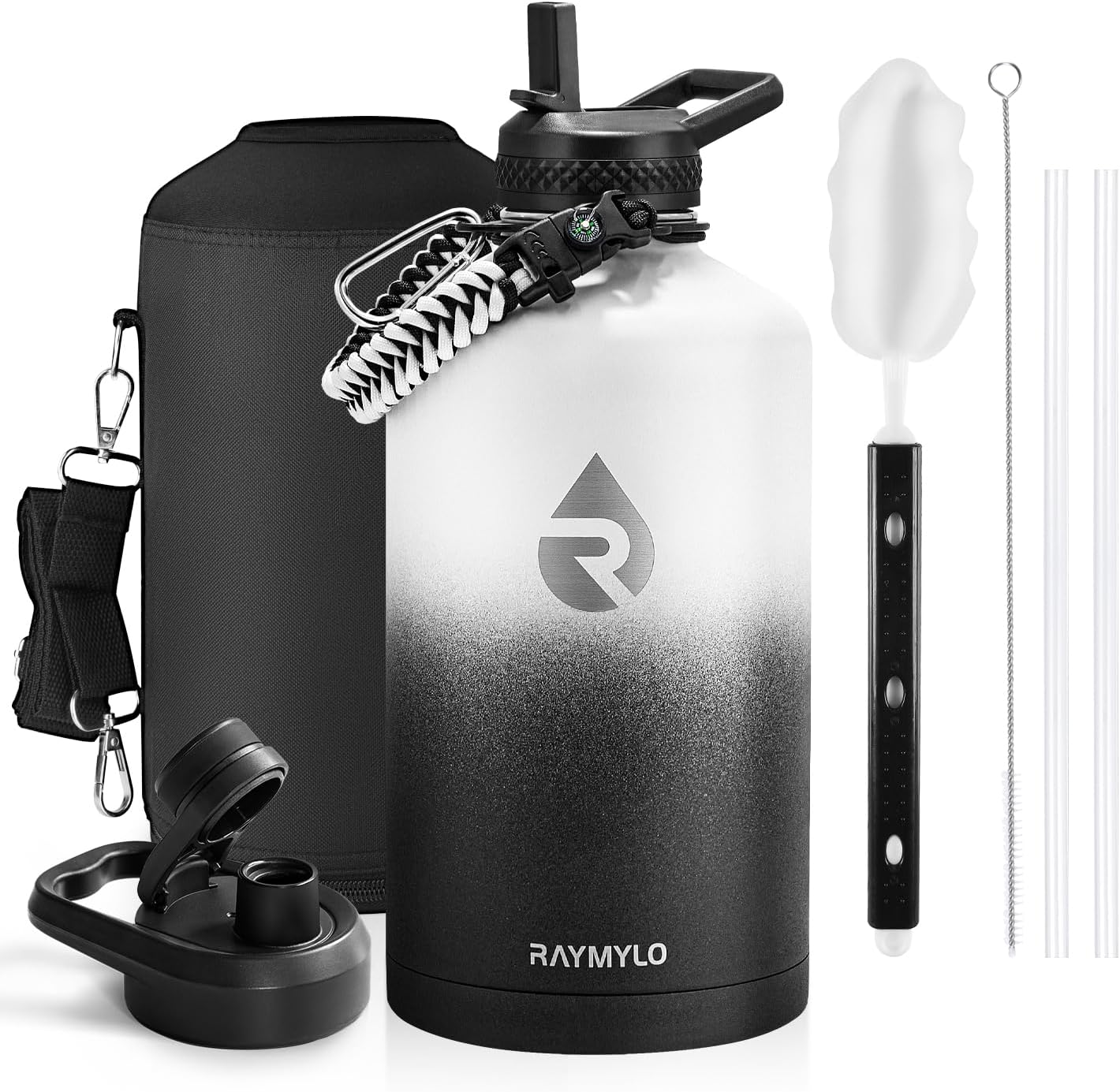 Insulated Water Bottle 40 oz, Triple Wall Vacuum Stainless Steel (Cold for 48 Hrs), Leak Proof & Non-BPA, Modern Water Flask Jug with Paracord Handle & Straw Spout Lids, Indigo/Black