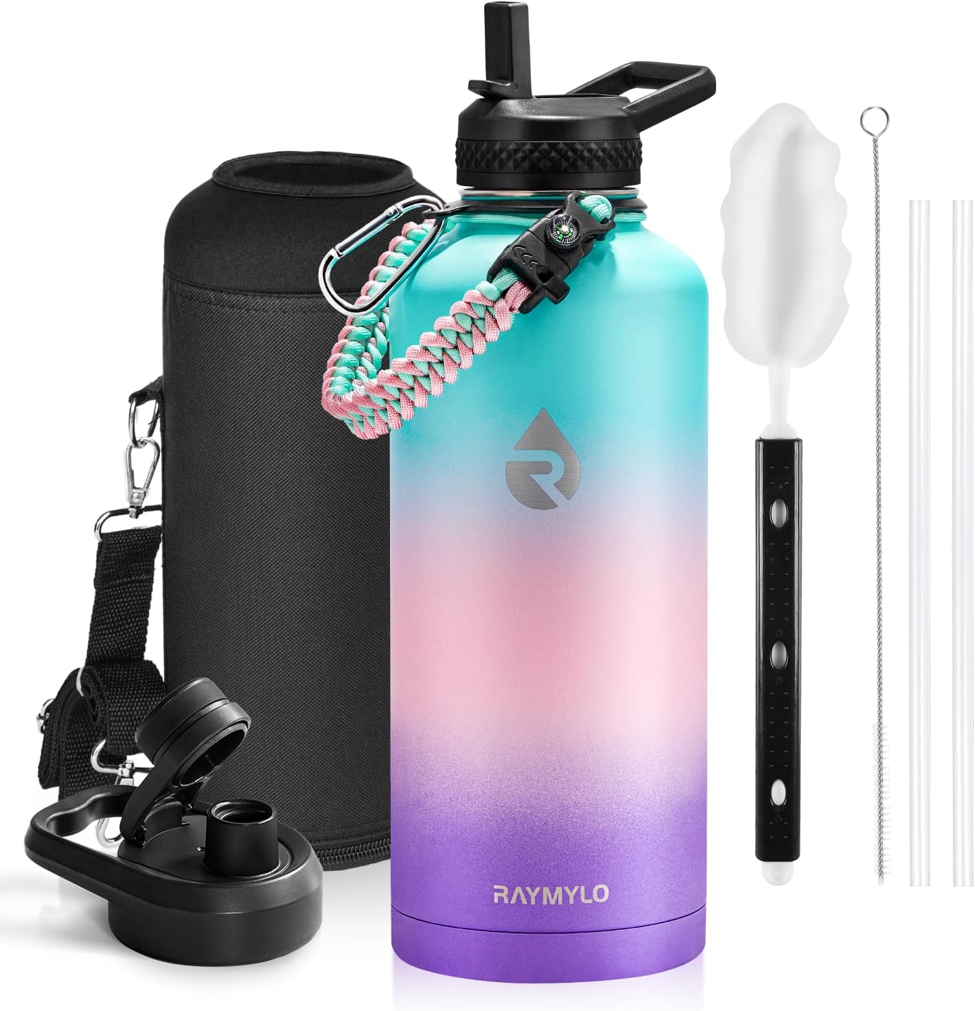 Insulated Water Bottle 40 oz, Triple Wall Vacuum Stainless Steel (Cold for 48 Hrs), Leak Proof & Non-BPA, Modern Water Flask Jug with Paracord Handle & Straw Spout Lids, Indigo/Black