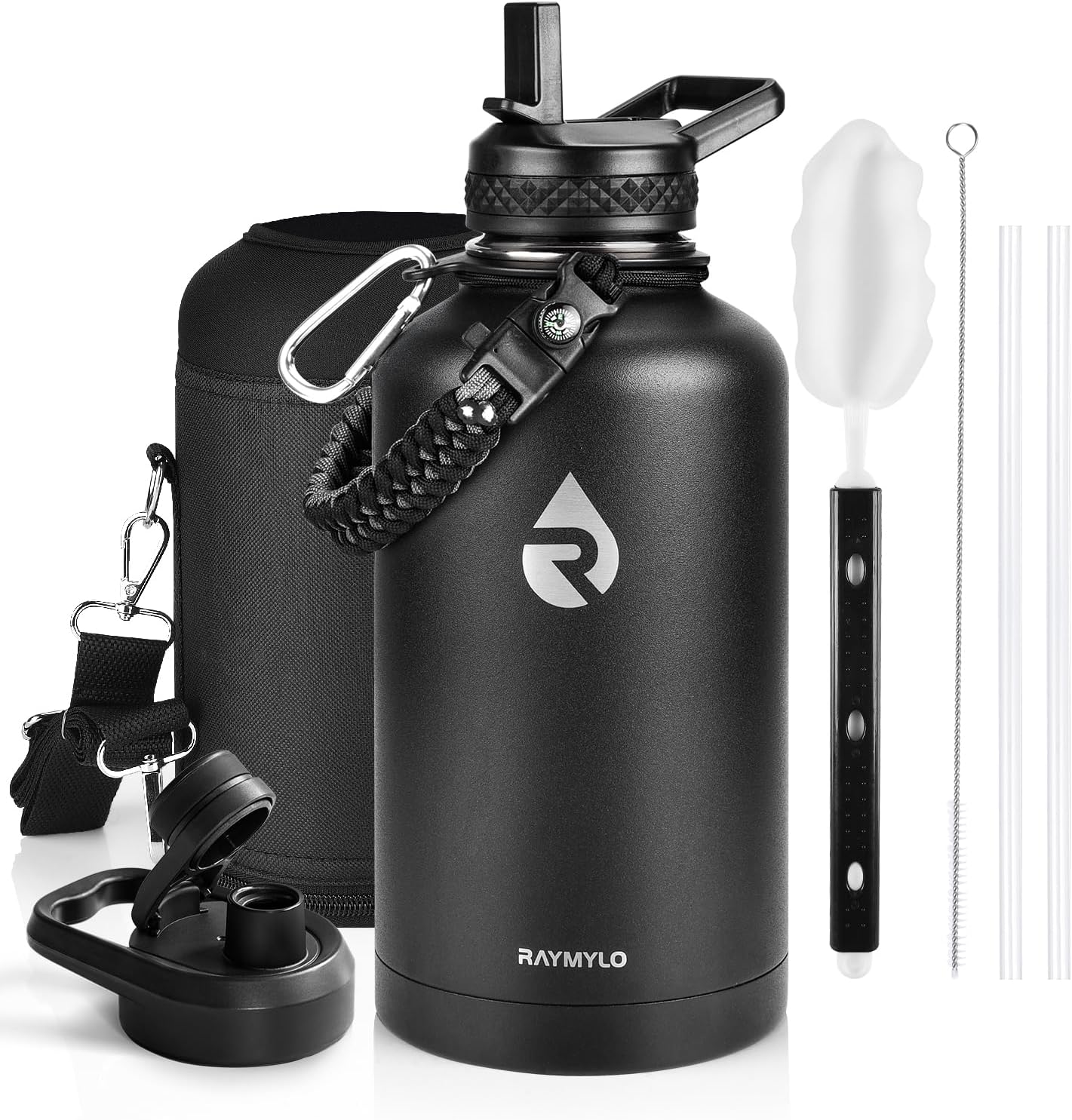 Insulated Water Bottle 40 oz, Triple Wall Vacuum Stainless Steel (Cold for 48 Hrs), Leak Proof & Non-BPA, Modern Water Flask Jug with Paracord Handle & Straw Spout Lids, Indigo/Black