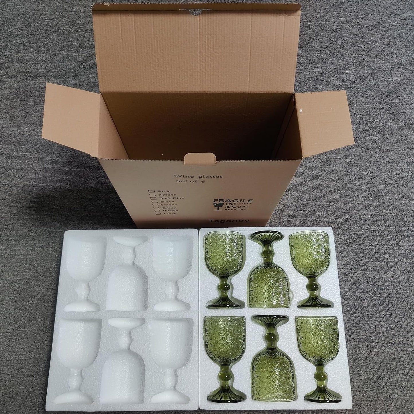 Green Glasses Drinking Wine Water Goblets Glassware set of 6 Vintage Stemware 12 Ounces for Wedding Party Bar Floral Pattern 350 ml