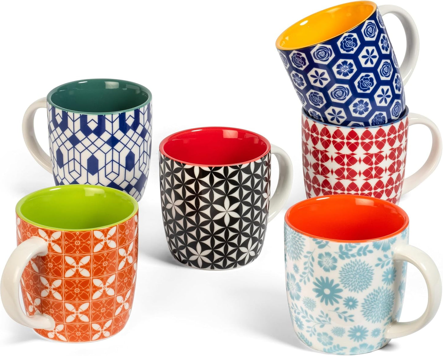 Annovero Large Coffee Mug Set of 6 - Porcelain Cups for Women or Men - Microwave & Dishwasher Safe, Chip Resistant, Zero Lead & Cadmium, for Tea, Cocoa, or Hot Chocolate, 16 Fluid Ounce Capacity