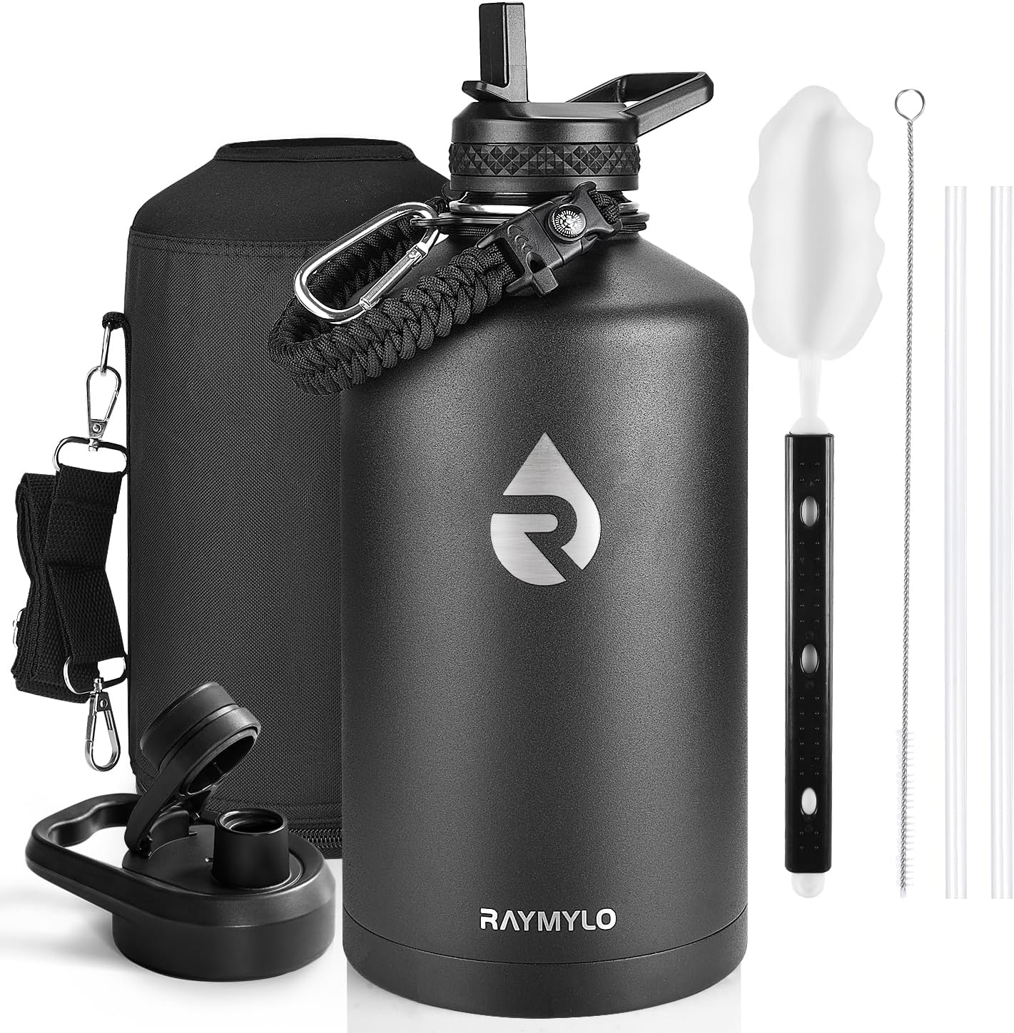 Insulated Water Bottle 40 oz, Triple Wall Vacuum Stainless Steel (Cold for 48 Hrs), Leak Proof & Non-BPA, Modern Water Flask Jug with Paracord Handle & Straw Spout Lids, Indigo/Black