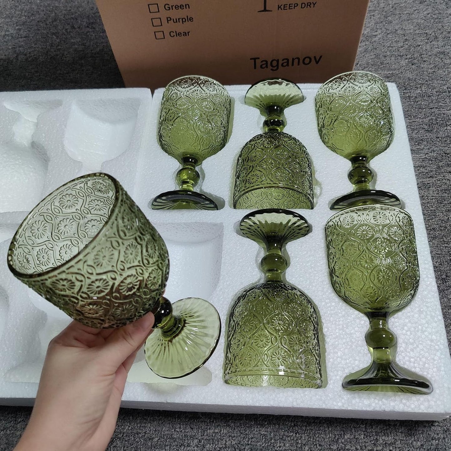 Green Glasses Drinking Wine Water Goblets Glassware set of 6 Vintage Stemware 12 Ounces for Wedding Party Bar Floral Pattern 350 ml
