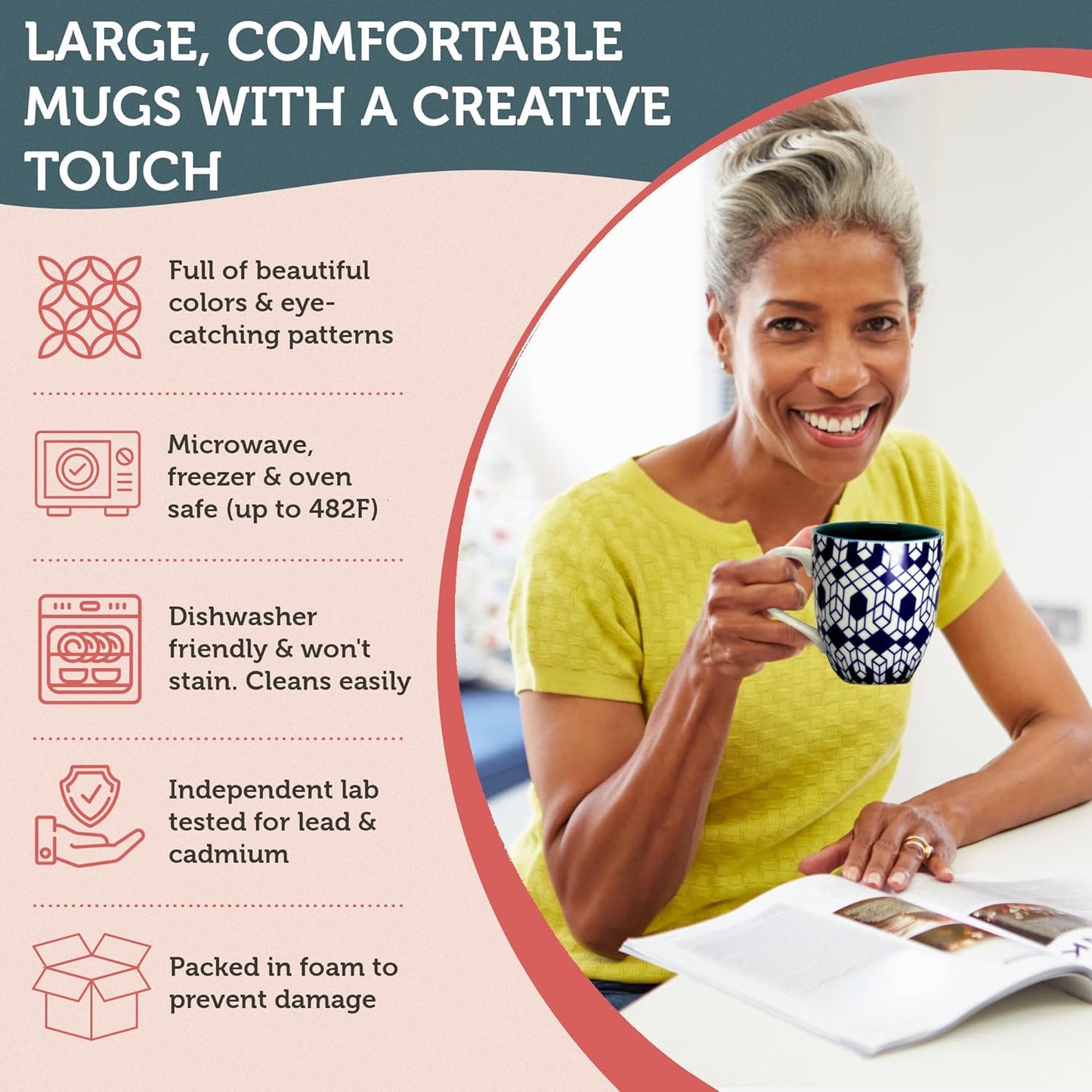 Annovero Large Coffee Mug Set of 6 - Porcelain Cups for Women or Men - Microwave & Dishwasher Safe, Chip Resistant, Zero Lead & Cadmium, for Tea, Cocoa, or Hot Chocolate, 16 Fluid Ounce Capacity
