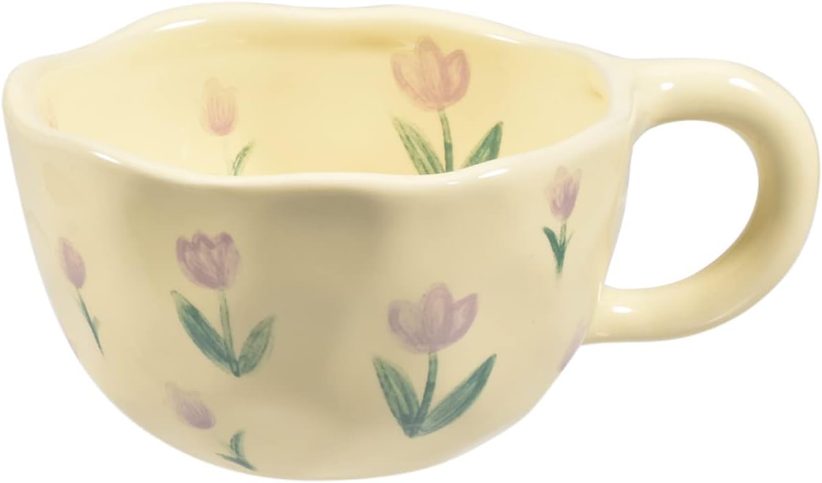 Koythin 4-Piece Ceramic Coffee Mugs, Creative Flower Mug for Office and Home, 8.5 oz/250 ml for Latte Tea Milk (Blue Flower, Orange Flower, Pink Cherry, Purple Tulip)