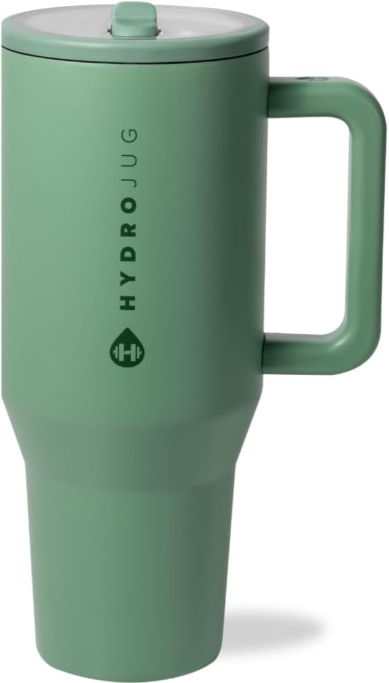 HydroJug Traveler - 32 oz Water Bottle with Handle & Flip Straw - Fits in Cup Holder, Leak Resistant Tumbler-Reusable Insulated Stainless Steel & Rubber Base - Gifts for Women & Men, Cream