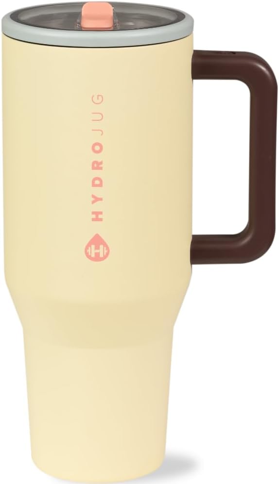 HydroJug Traveler - 32 oz Water Bottle with Handle & Flip Straw - Fits in Cup Holder, Leak Resistant Tumbler-Reusable Insulated Stainless Steel & Rubber Base - Gifts for Women & Men, Cream