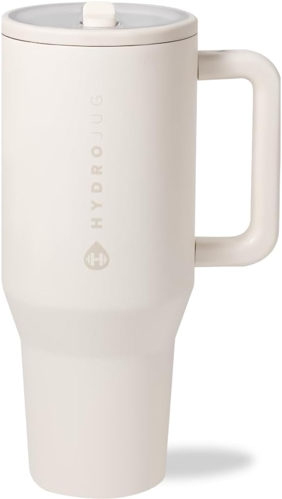 HydroJug Traveler - 32 oz Water Bottle with Handle & Flip Straw - Fits in Cup Holder, Leak Resistant Tumbler-Reusable Insulated Stainless Steel & Rubber Base - Gifts for Women & Men, Cream