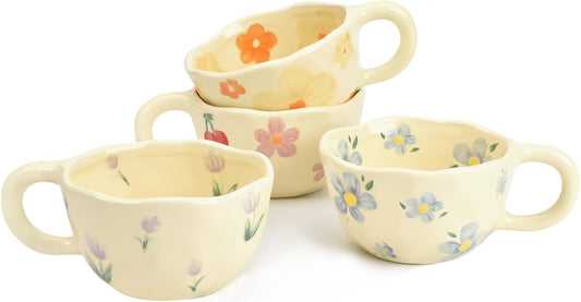 Koythin 4-Piece Ceramic Coffee Mugs, Creative Flower Mug for Office and Home, 8.5 oz/250 ml for Latte Tea Milk (Blue Flower, Orange Flower, Pink Cherry, Purple Tulip)
