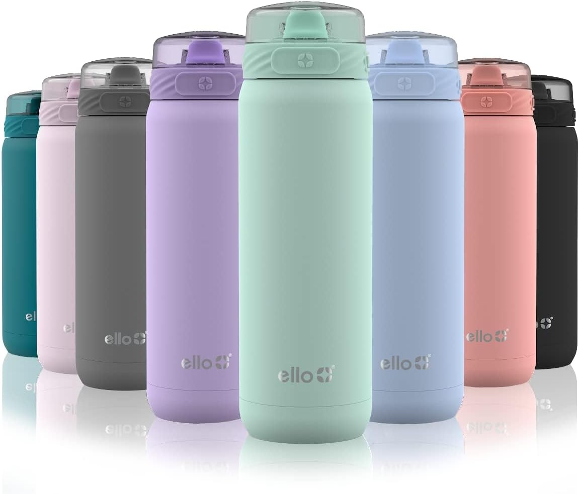 Ello Cooper 22oz Stainless Steel Water Bottle with Straw and Carry Handle, Double Walled and Vacuum Insulated Metal, Leak Proof Locking Lid with Soft Silicone Spout, Reusable, BPA Free, Lilac
