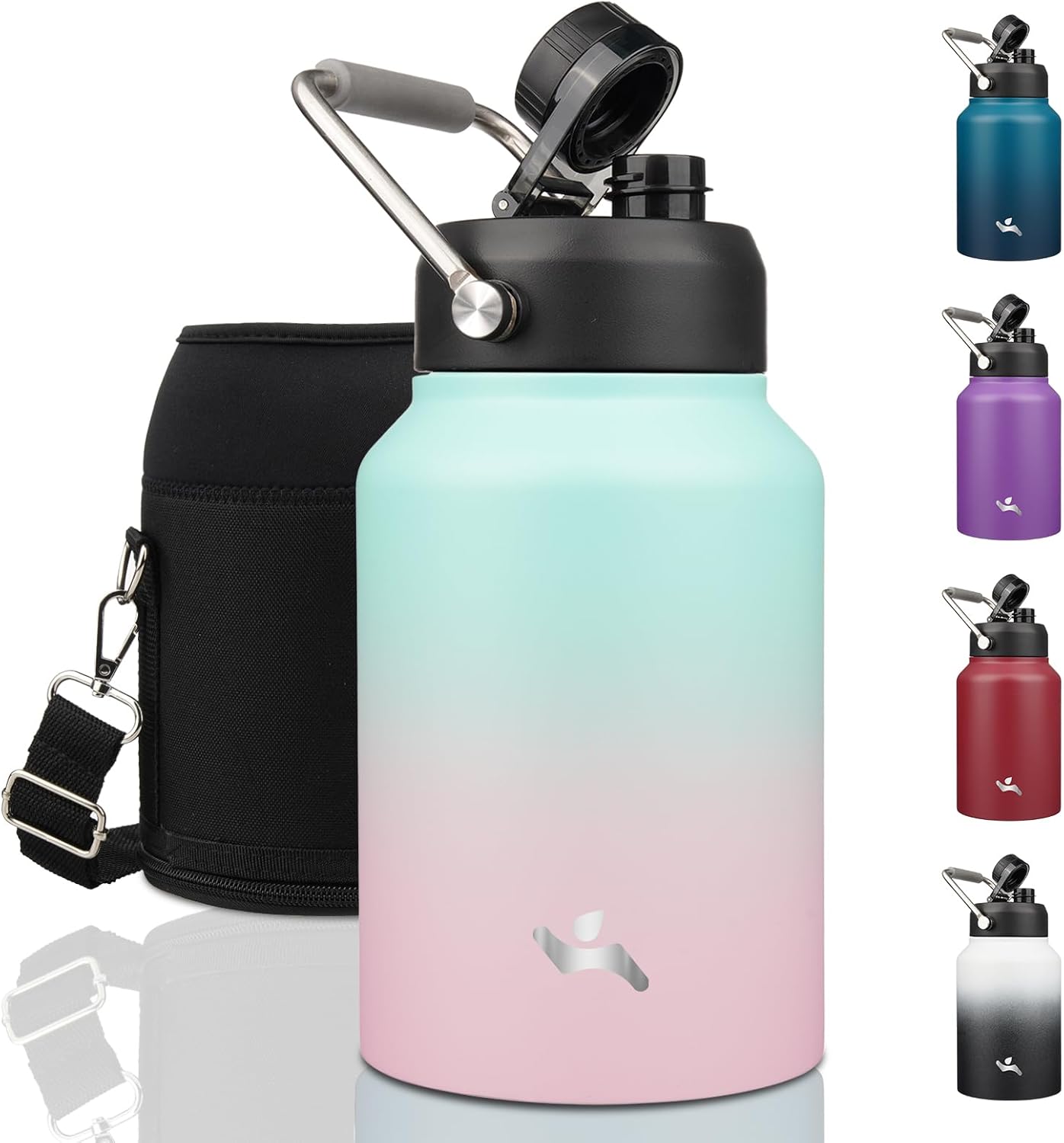 Half Gallon Jug with Handle,64 oz Insulated Water Bottle with Carrying Pouch,Double Wall Vacuum Stainless Steel Metal Bottle,Day Night