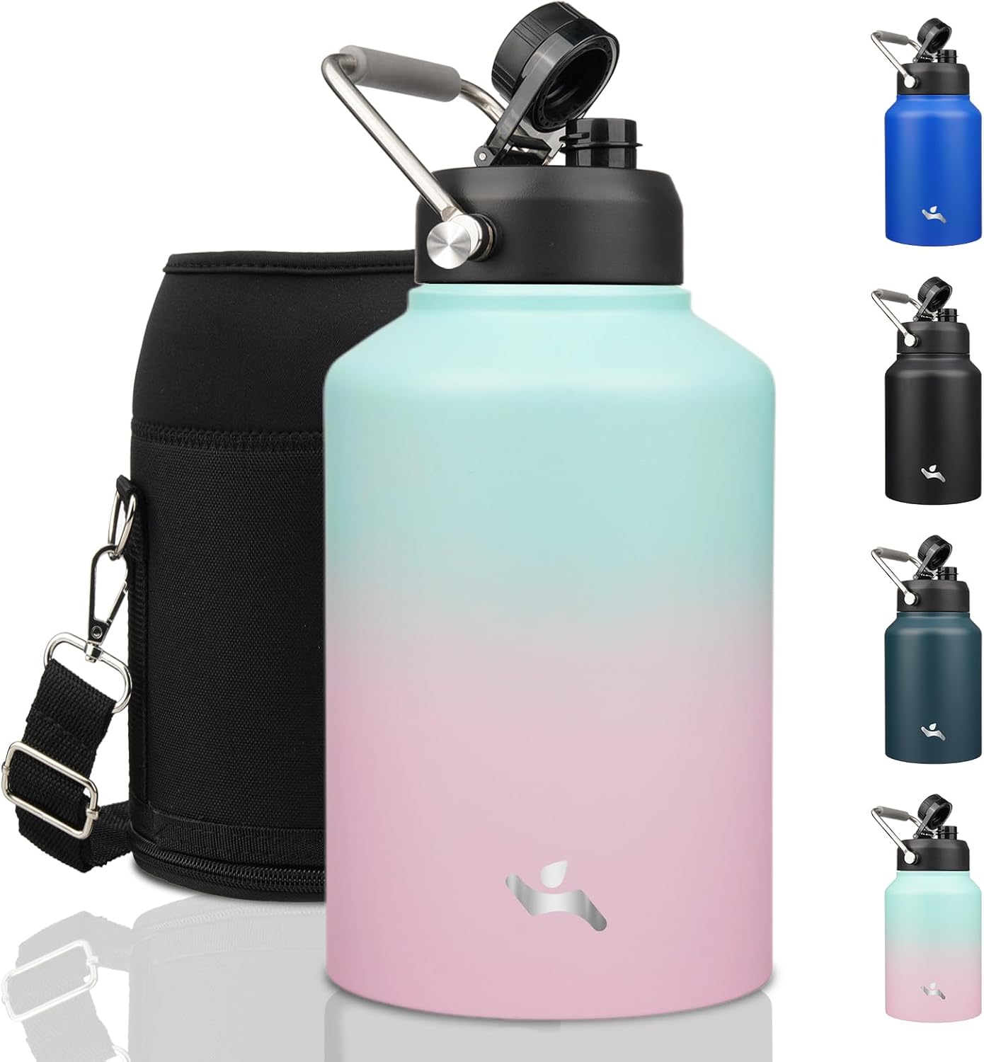 Half Gallon Jug with Handle,64 oz Insulated Water Bottle with Carrying Pouch,Double Wall Vacuum Stainless Steel Metal Bottle,Day Night