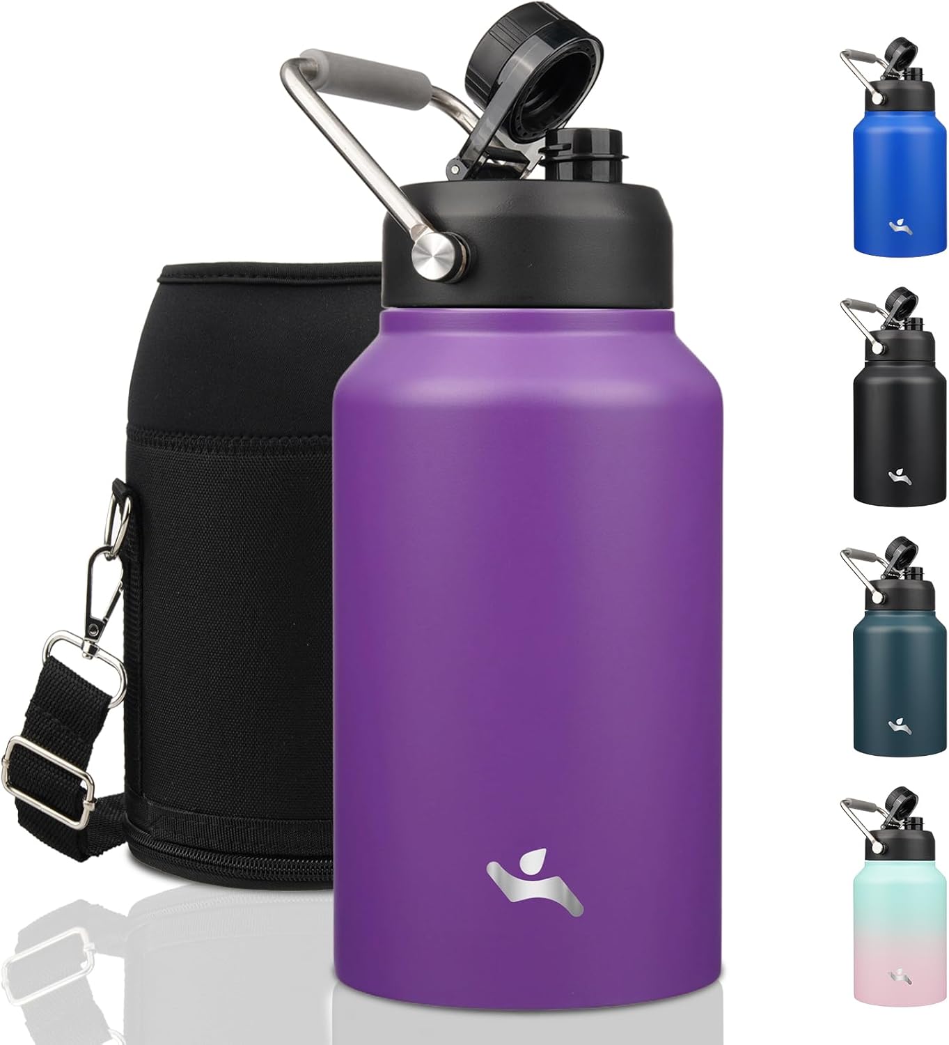 Half Gallon Jug with Handle,64 oz Insulated Water Bottle with Carrying Pouch,Double Wall Vacuum Stainless Steel Metal Bottle,Day Night
