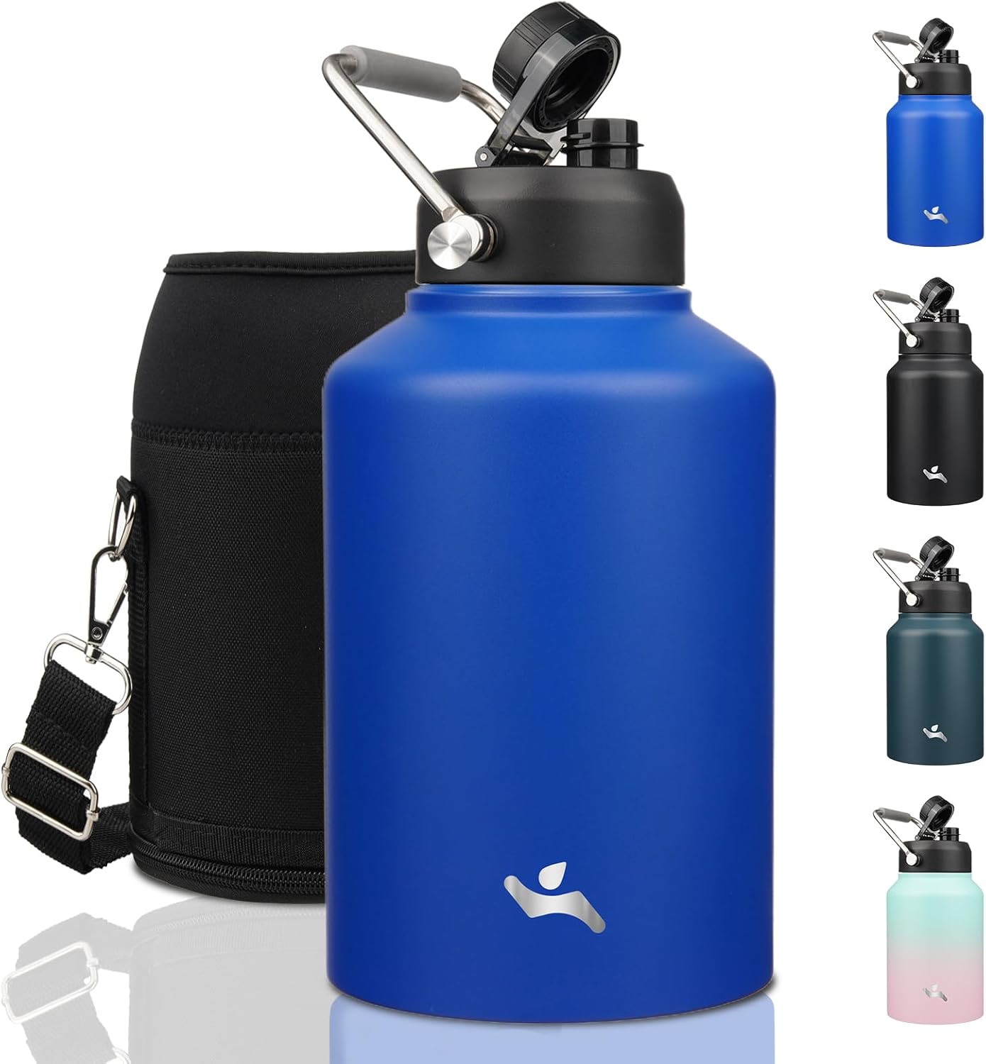Half Gallon Jug with Handle,64 oz Insulated Water Bottle with Carrying Pouch,Double Wall Vacuum Stainless Steel Metal Bottle,Day Night
