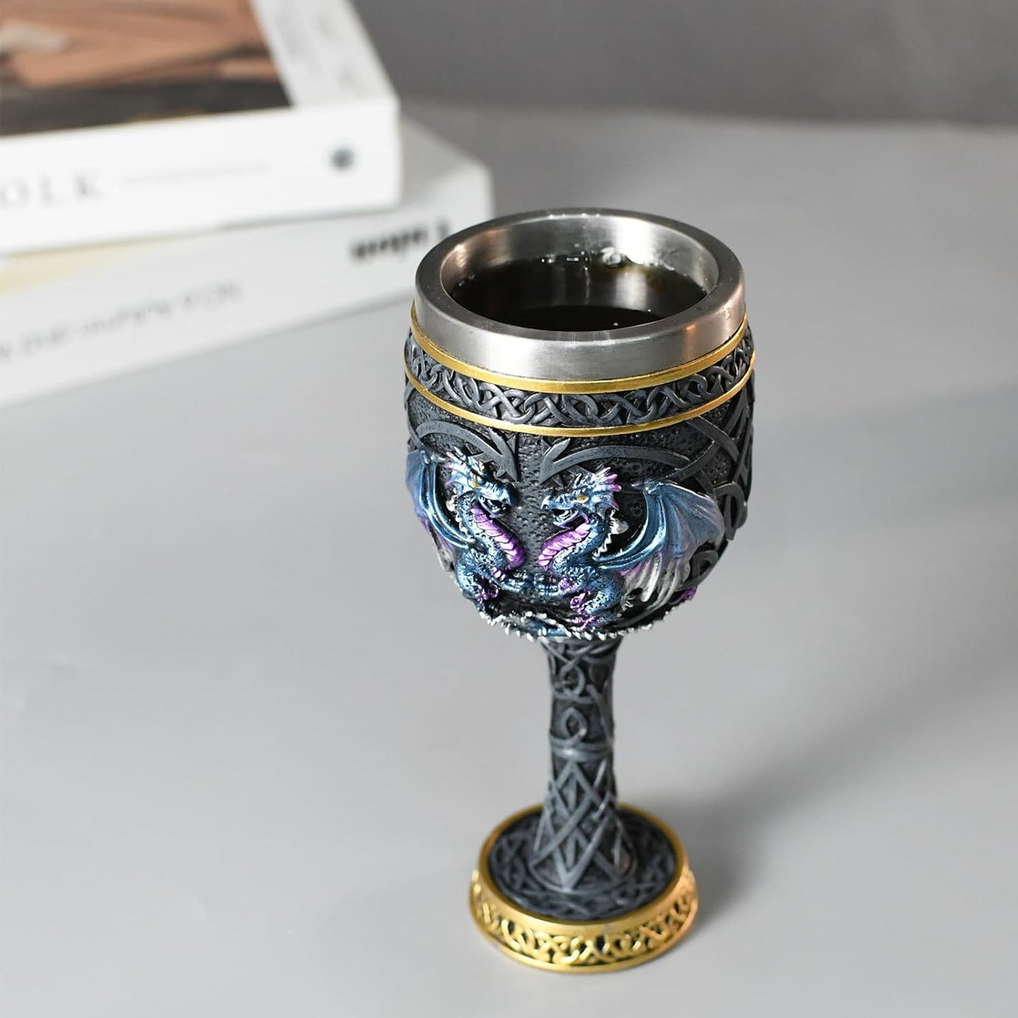 Bronze Dragon Goblet with Stainless Steel Cup, Dragon Wine Medieval Dungeons and Dragons Chalice, Dragon Gift Collectible - 7oz (Blue Dragon Cup)