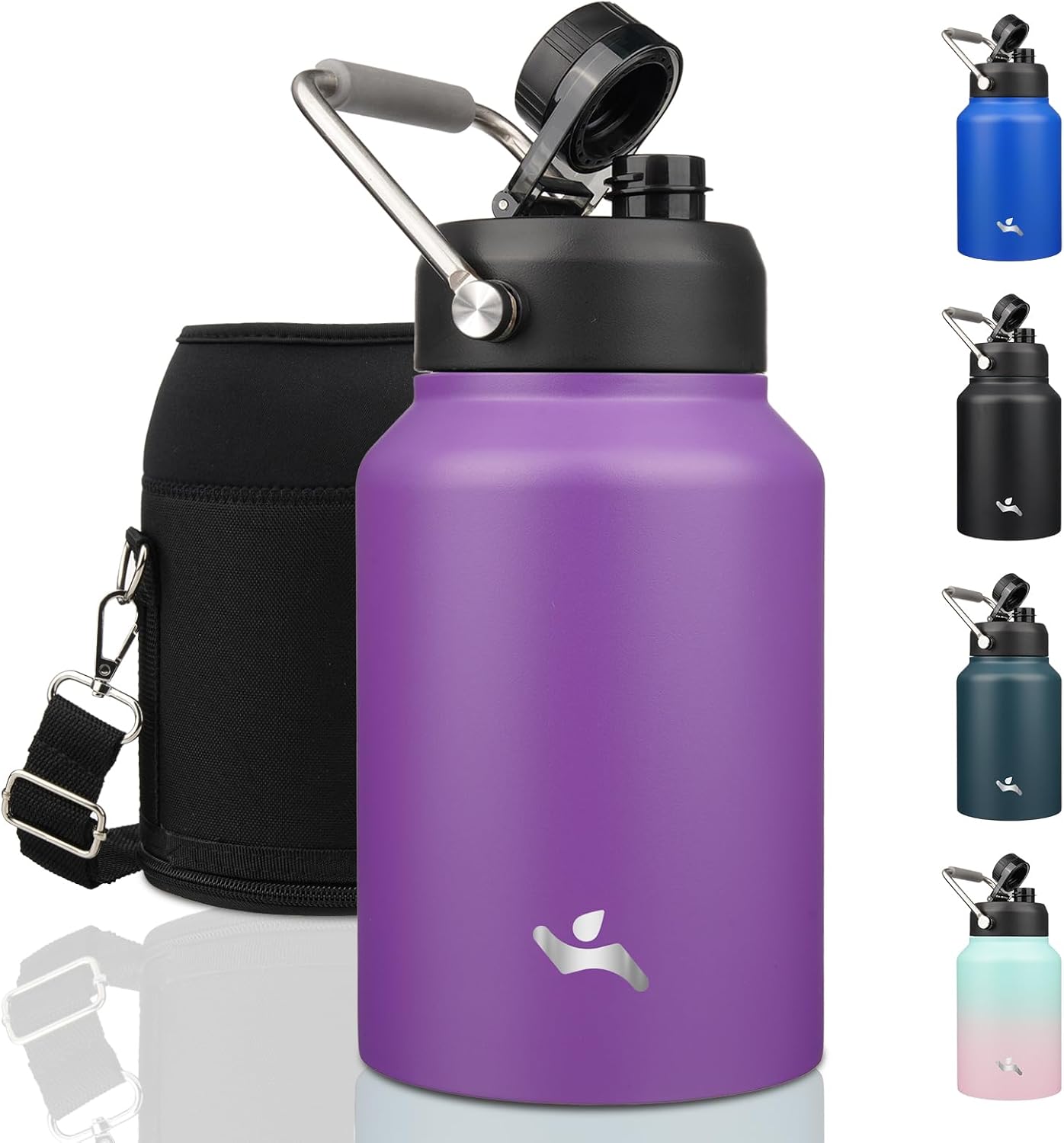 Half Gallon Jug with Handle,64 oz Insulated Water Bottle with Carrying Pouch,Double Wall Vacuum Stainless Steel Metal Bottle,Day Night