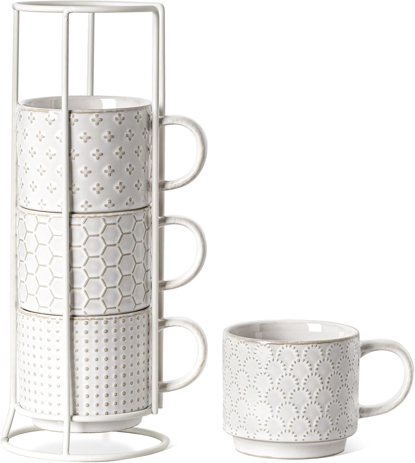 LE TAUCI Stackable Coffee Mugs Set with Stand, Ceramic Embossment Coffee Cups for Au Lait, Cappuccino,Latte,Cafe,Mocha,Tea, Suit For Housewarming Wedding - 12 oz, Set of 4,Arctic white