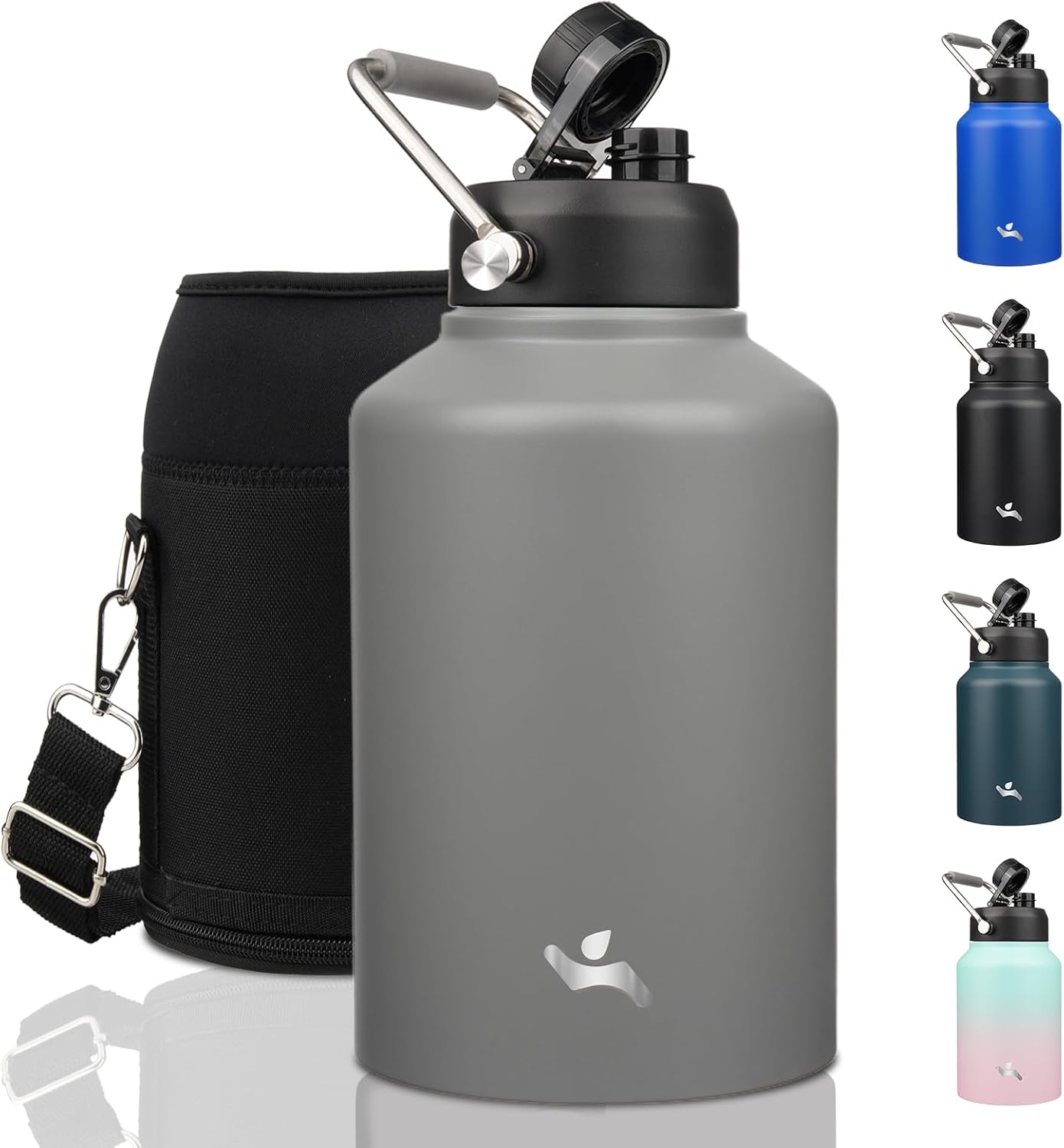 Half Gallon Jug with Handle,64 oz Insulated Water Bottle with Carrying Pouch,Double Wall Vacuum Stainless Steel Metal Bottle,Day Night