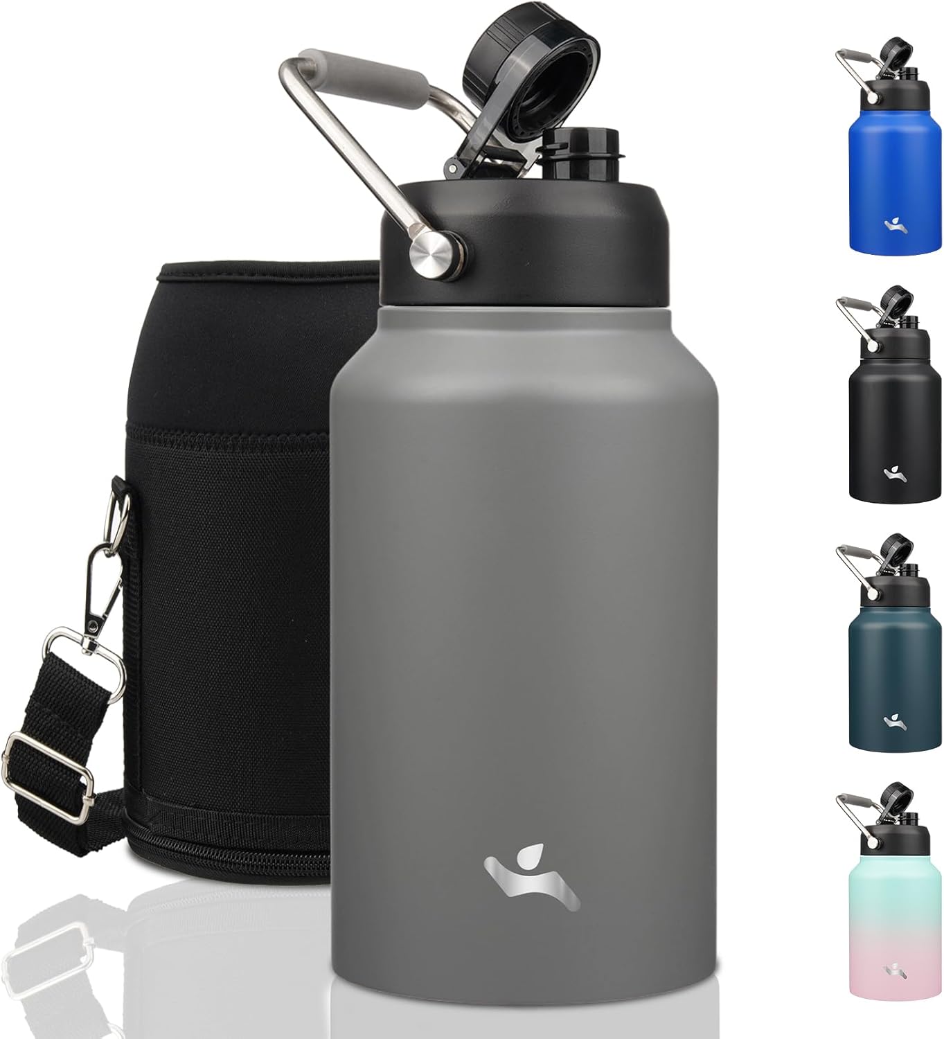 Half Gallon Jug with Handle,64 oz Insulated Water Bottle with Carrying Pouch,Double Wall Vacuum Stainless Steel Metal Bottle,Day Night