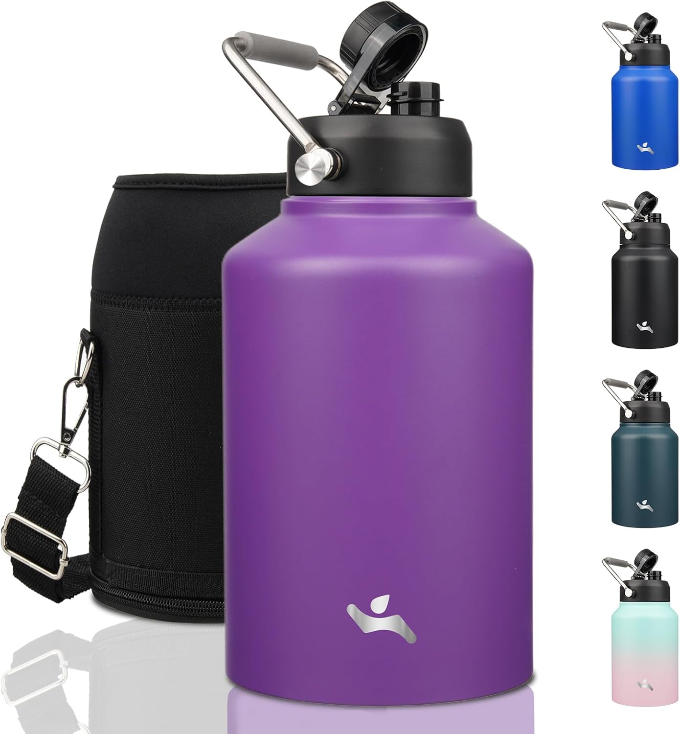 Half Gallon Jug with Handle,64 oz Insulated Water Bottle with Carrying Pouch,Double Wall Vacuum Stainless Steel Metal Bottle,Day Night