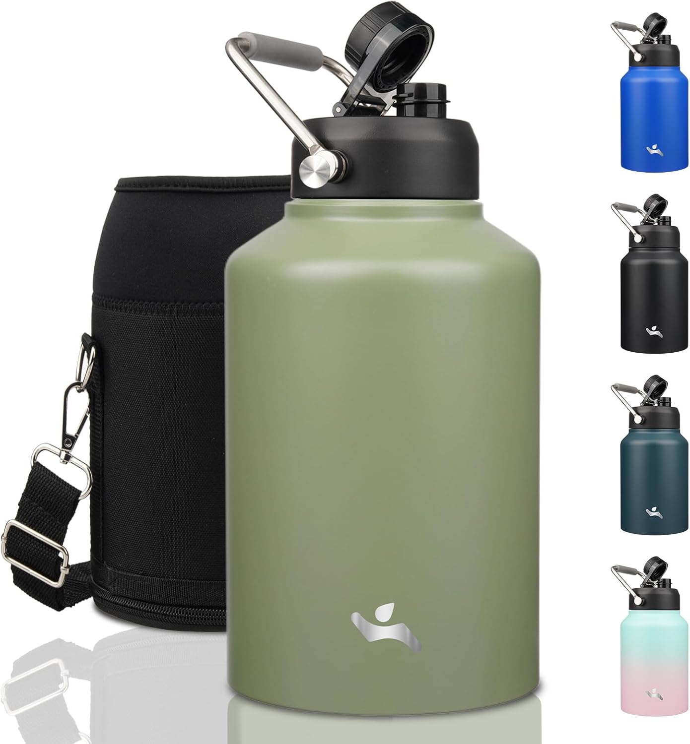Half Gallon Jug with Handle,64 oz Insulated Water Bottle with Carrying Pouch,Double Wall Vacuum Stainless Steel Metal Bottle,Day Night