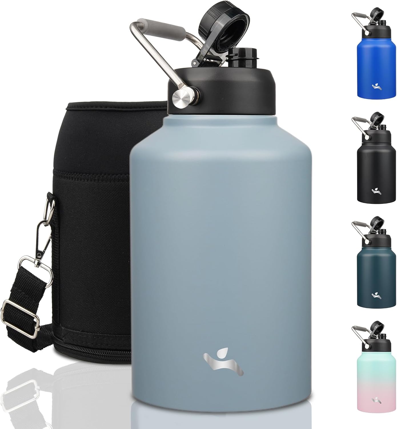Half Gallon Jug with Handle,64 oz Insulated Water Bottle with Carrying Pouch,Double Wall Vacuum Stainless Steel Metal Bottle,Day Night