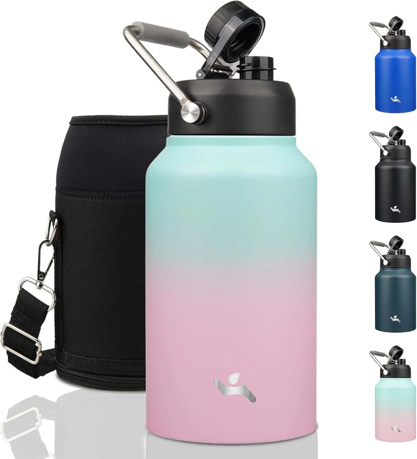 Half Gallon Jug with Handle,64 oz Insulated Water Bottle with Carrying Pouch,Double Wall Vacuum Stainless Steel Metal Bottle,Day Night