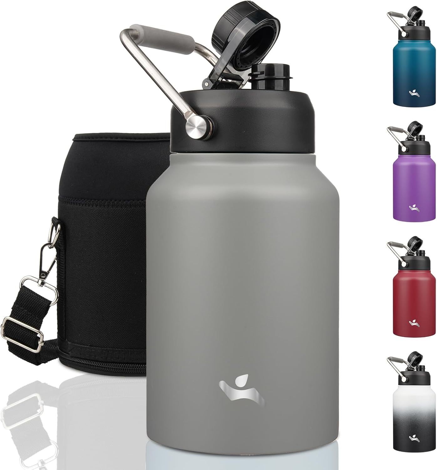 Half Gallon Jug with Handle,64 oz Insulated Water Bottle with Carrying Pouch,Double Wall Vacuum Stainless Steel Metal Bottle,Day Night