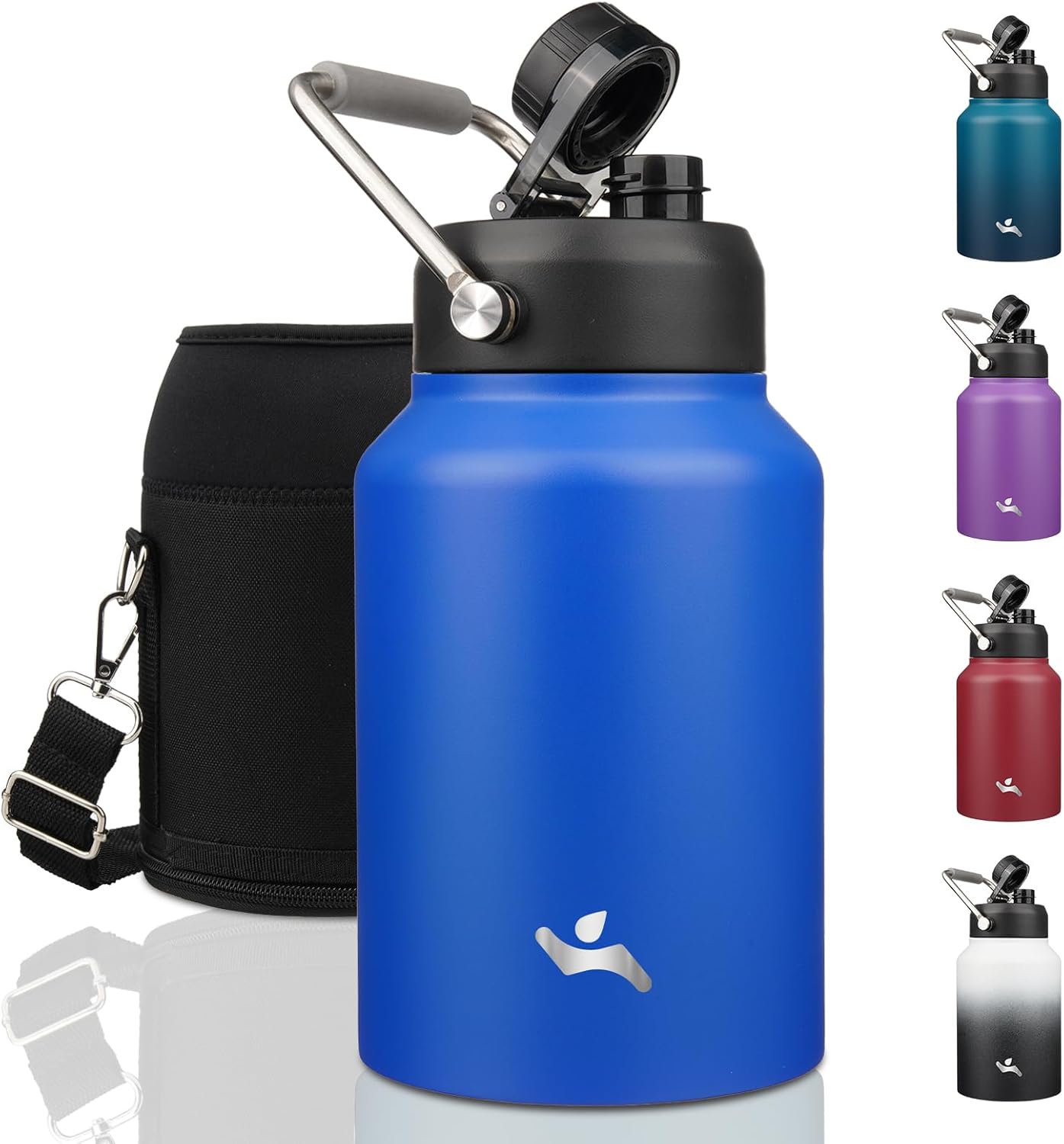 Half Gallon Jug with Handle,64 oz Insulated Water Bottle with Carrying Pouch,Double Wall Vacuum Stainless Steel Metal Bottle,Day Night