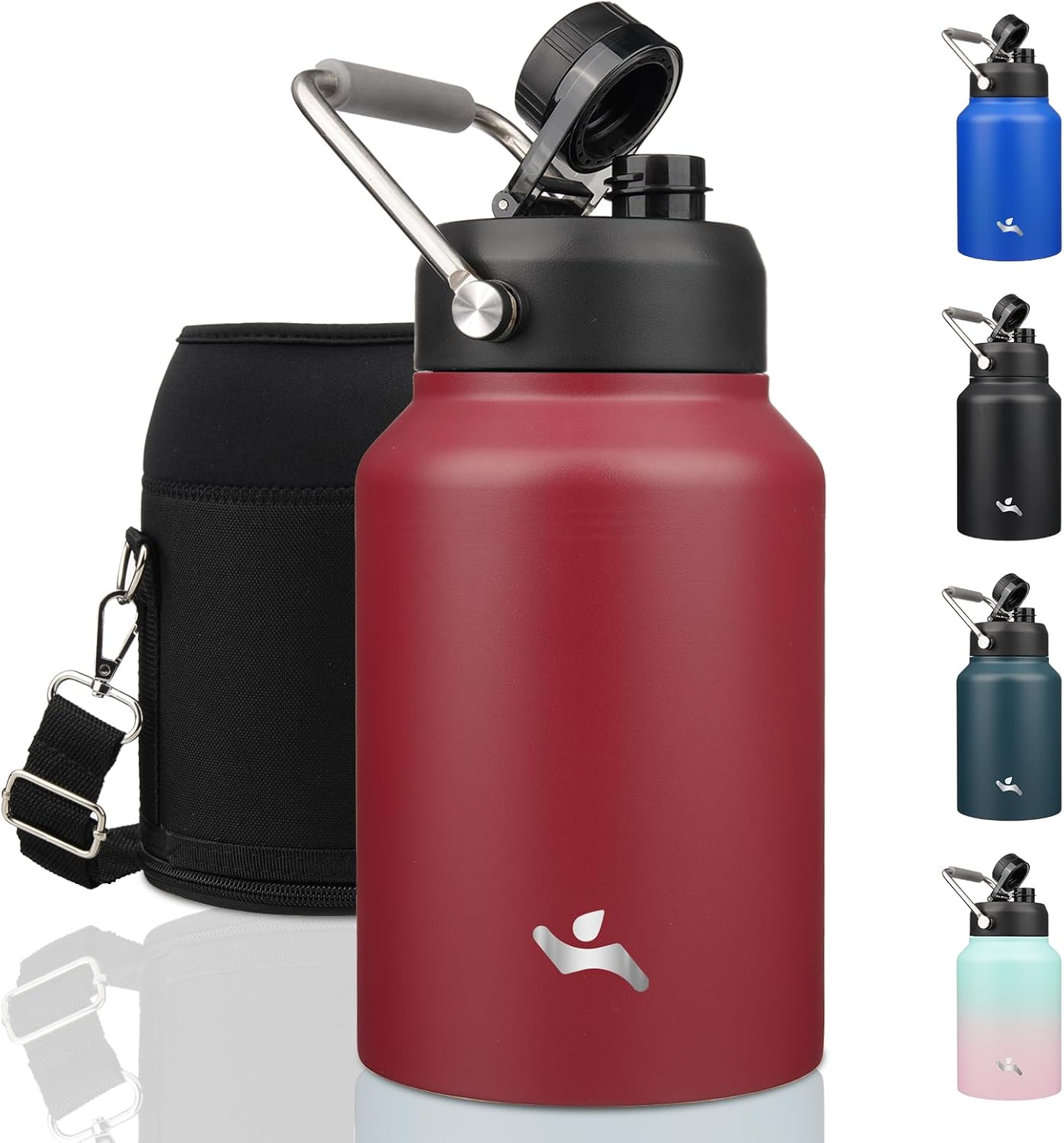 Half Gallon Jug with Handle,64 oz Insulated Water Bottle with Carrying Pouch,Double Wall Vacuum Stainless Steel Metal Bottle,Day Night
