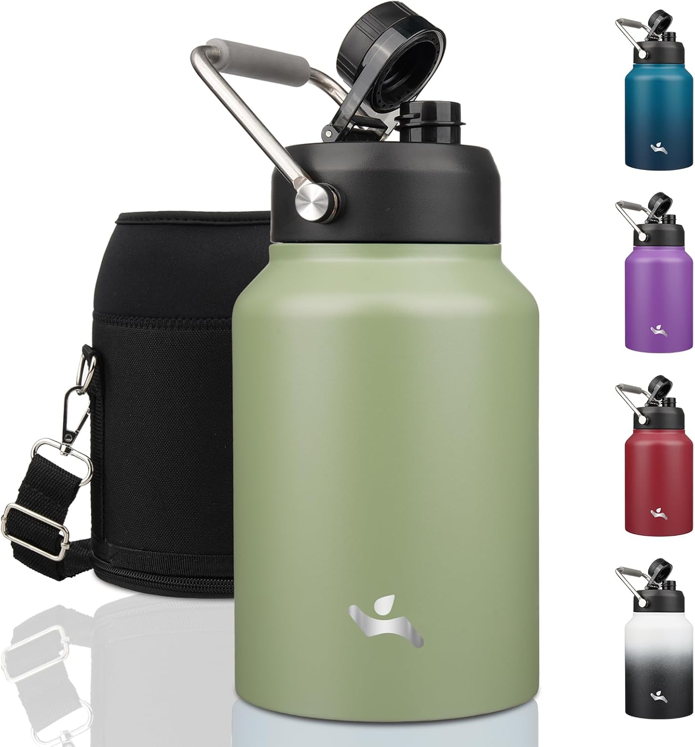 Half Gallon Jug with Handle,64 oz Insulated Water Bottle with Carrying Pouch,Double Wall Vacuum Stainless Steel Metal Bottle,Day Night