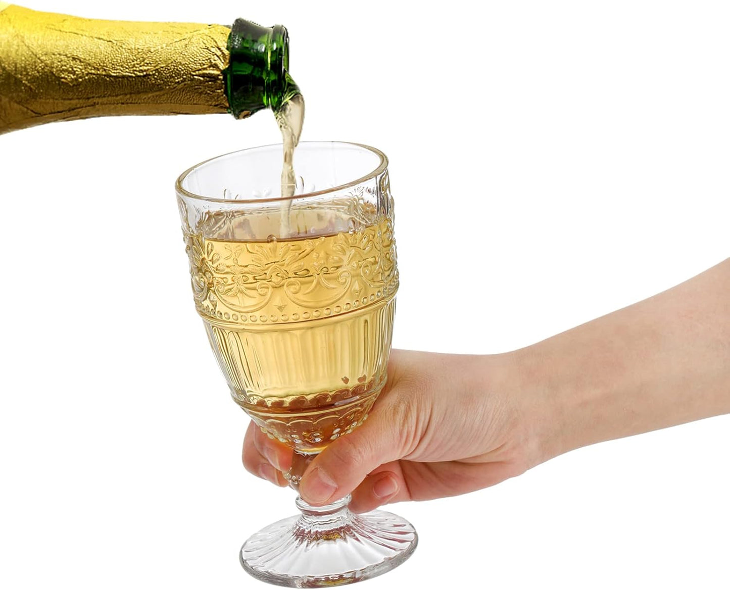 AVLA 6 Pack Glass Goblet, 12 OZ Vintage Wine Glassware, Romantic Wedding Glass Set, Drinking Stemware Beverage Cups for Party, Bar, Champagne, Juice, Beer, Cocktail, Embossed Design