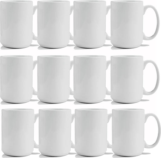 TANGLONG Sublimation Mugs 15 oz, Sublimation Blanks, Bulk Coffee Mugs,White Cups for Coffee,Latte, Soup, Milk, Hot Cocoa Set of 12