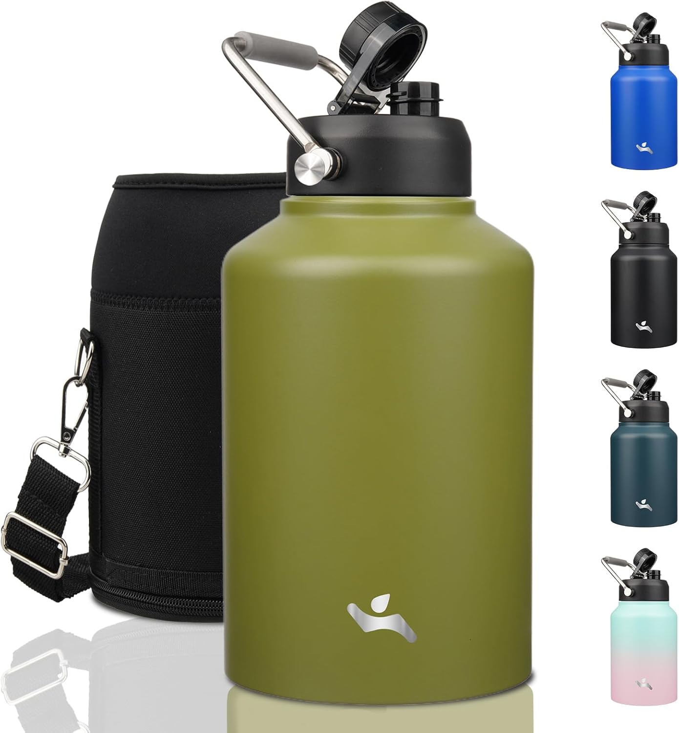 Half Gallon Jug with Handle,64 oz Insulated Water Bottle with Carrying Pouch,Double Wall Vacuum Stainless Steel Metal Bottle,Day Night