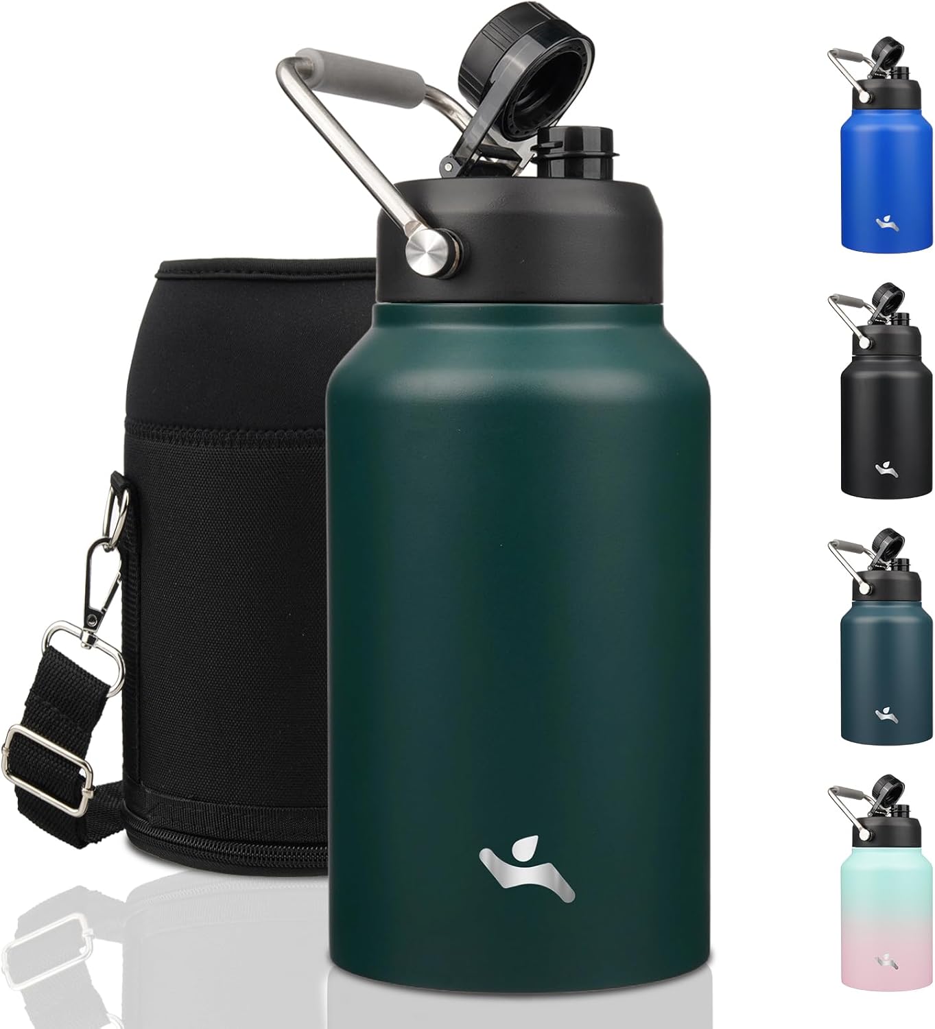 Half Gallon Jug with Handle,64 oz Insulated Water Bottle with Carrying Pouch,Double Wall Vacuum Stainless Steel Metal Bottle,Day Night