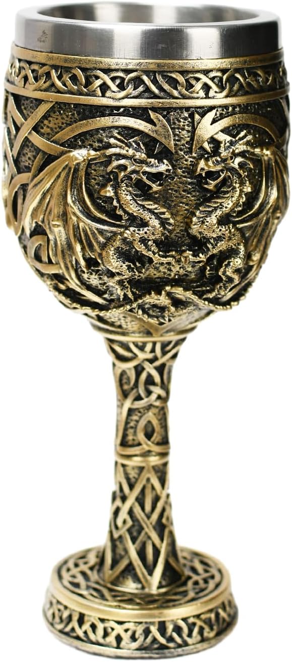 Bronze Dragon Goblet with Stainless Steel Cup, Dragon Wine Medieval Dungeons and Dragons Chalice, Dragon Gift Collectible - 7oz (Blue Dragon Cup)