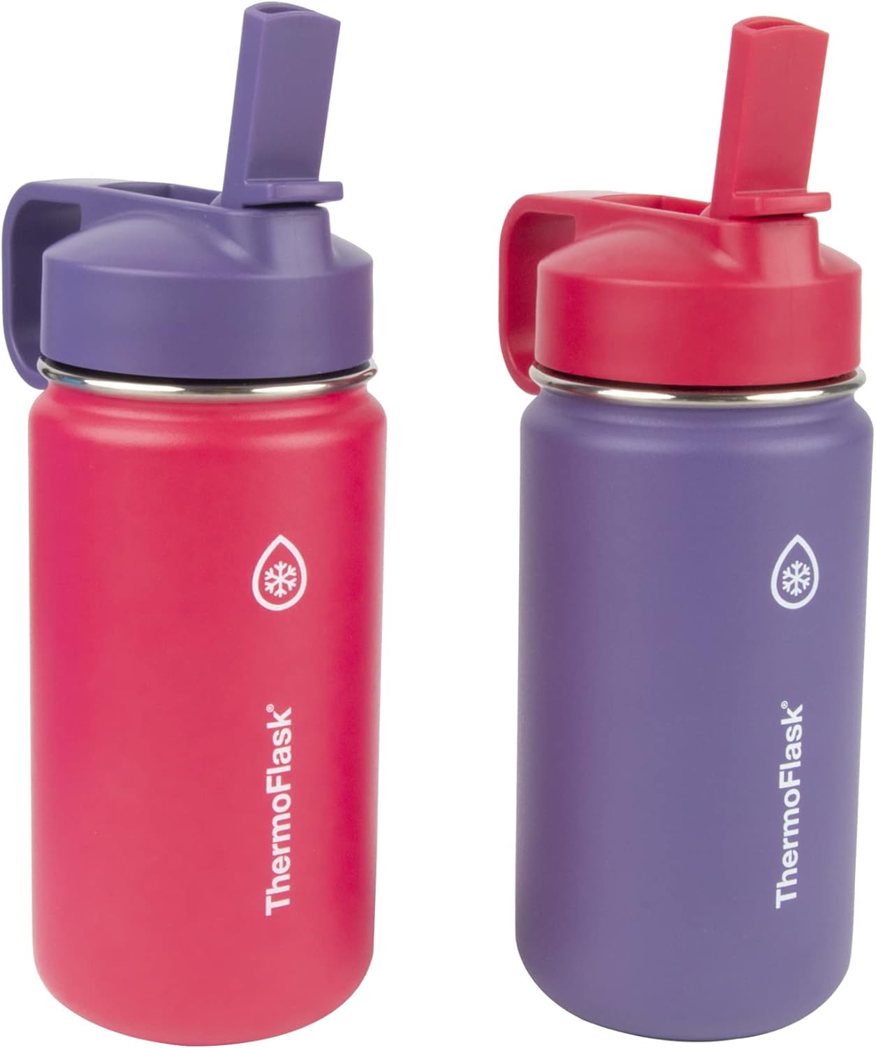 ThermoFlask Kids Bottle with Straw Lid - Durable & Dishwasher-Safe Water Bottles & Lids - Leak-Proof Bottle Lid Design - Reusable Water Bottles for Everyday Use - 16 oz, Red/Blue (2 Pack)