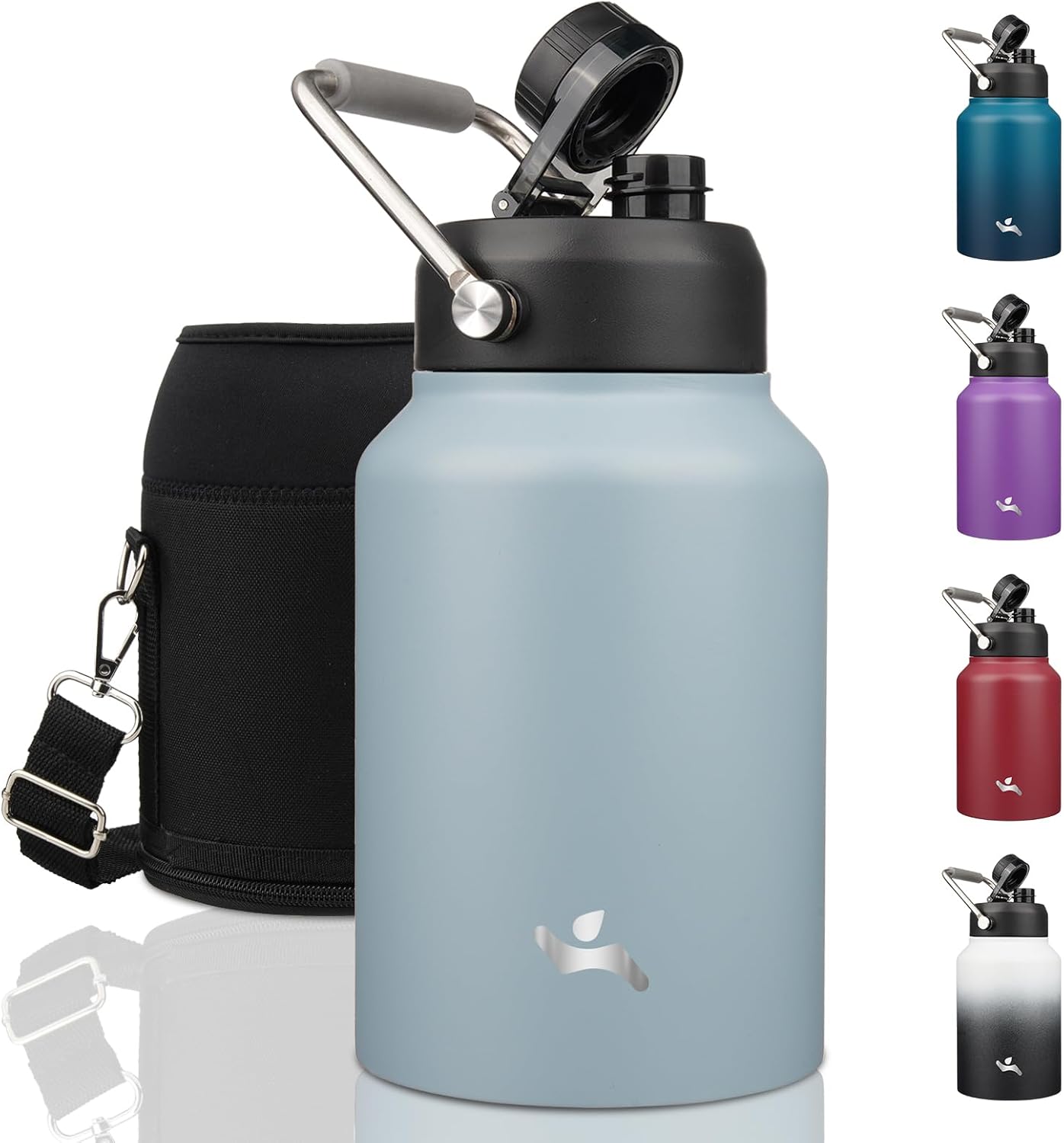 Half Gallon Jug with Handle,64 oz Insulated Water Bottle with Carrying Pouch,Double Wall Vacuum Stainless Steel Metal Bottle,Day Night