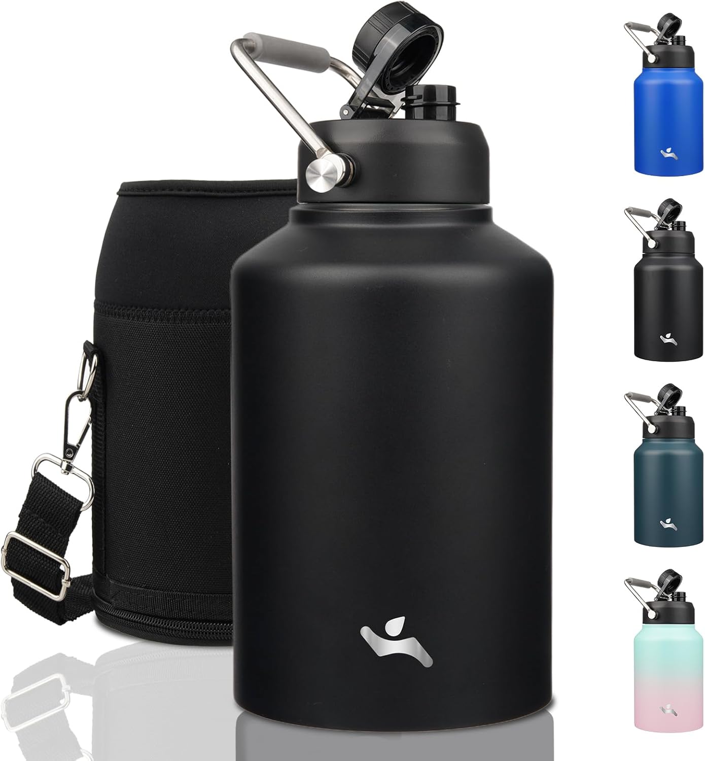 Half Gallon Jug with Handle,64 oz Insulated Water Bottle with Carrying Pouch,Double Wall Vacuum Stainless Steel Metal Bottle,Day Night