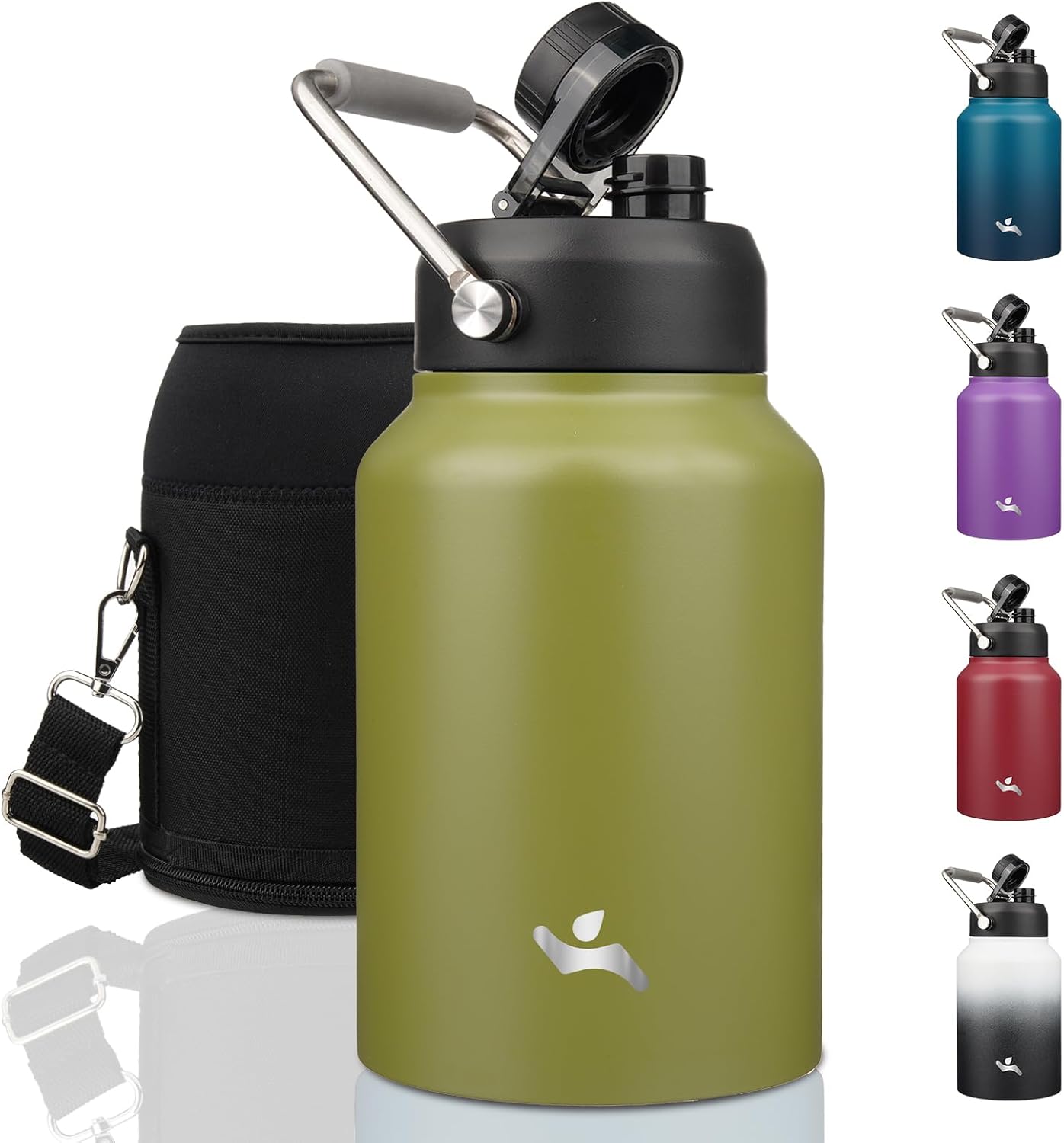 Half Gallon Jug with Handle,64 oz Insulated Water Bottle with Carrying Pouch,Double Wall Vacuum Stainless Steel Metal Bottle,Day Night