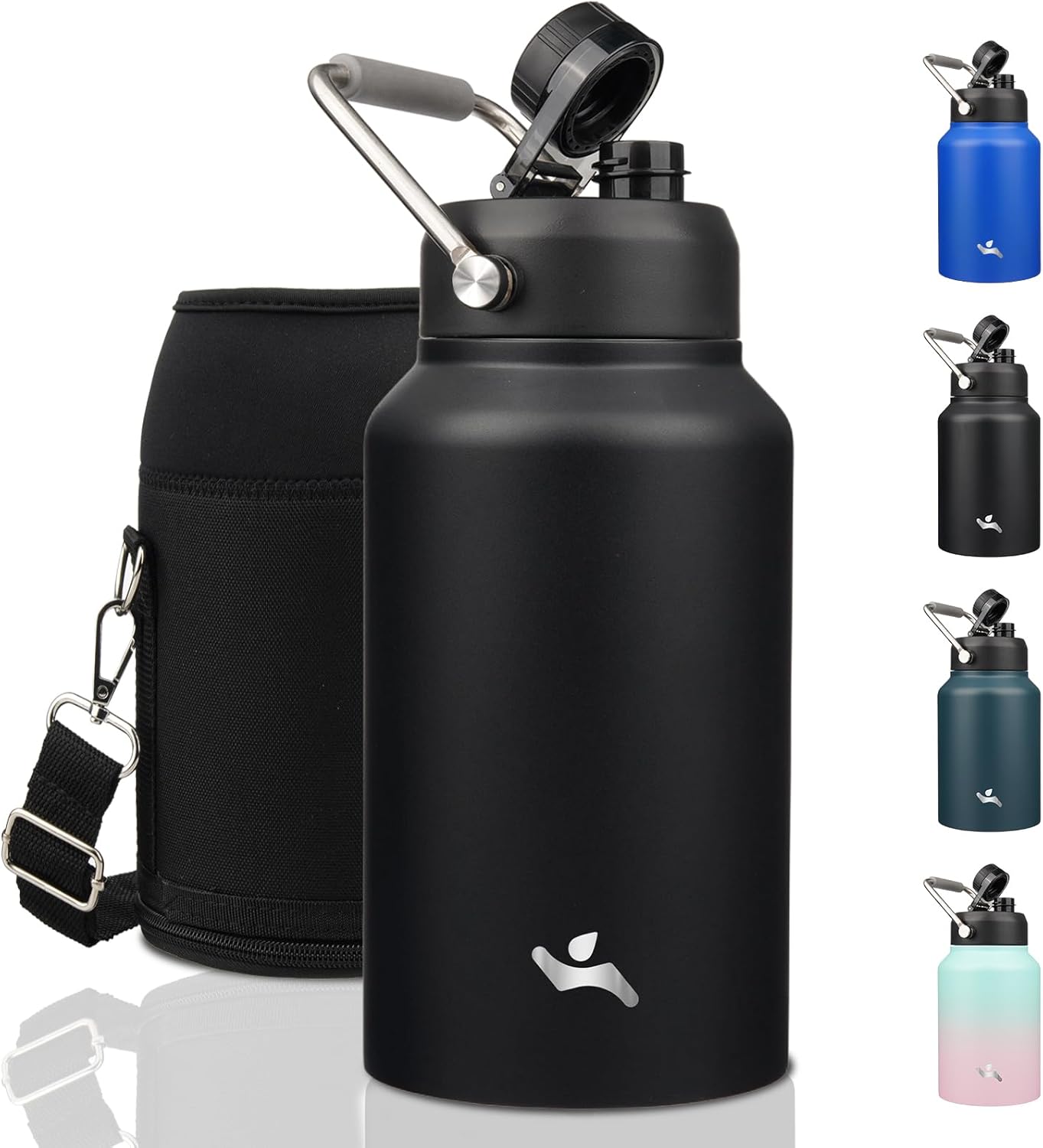 Half Gallon Jug with Handle,64 oz Insulated Water Bottle with Carrying Pouch,Double Wall Vacuum Stainless Steel Metal Bottle,Day Night