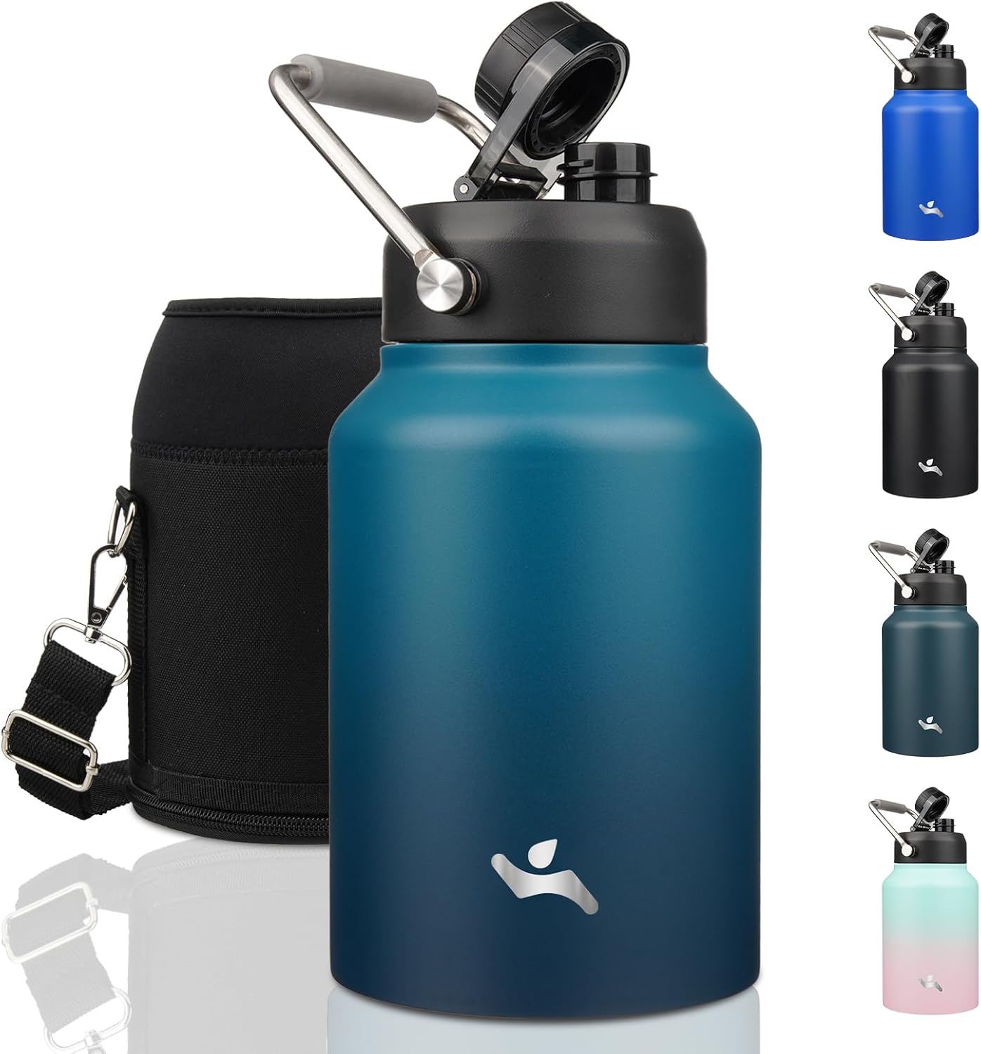 Half Gallon Jug with Handle,64 oz Insulated Water Bottle with Carrying Pouch,Double Wall Vacuum Stainless Steel Metal Bottle,Day Night