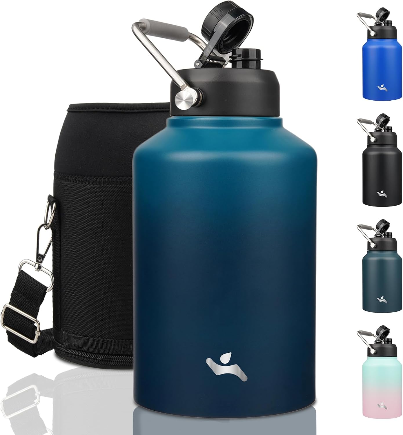 Half Gallon Jug with Handle,64 oz Insulated Water Bottle with Carrying Pouch,Double Wall Vacuum Stainless Steel Metal Bottle,Day Night
