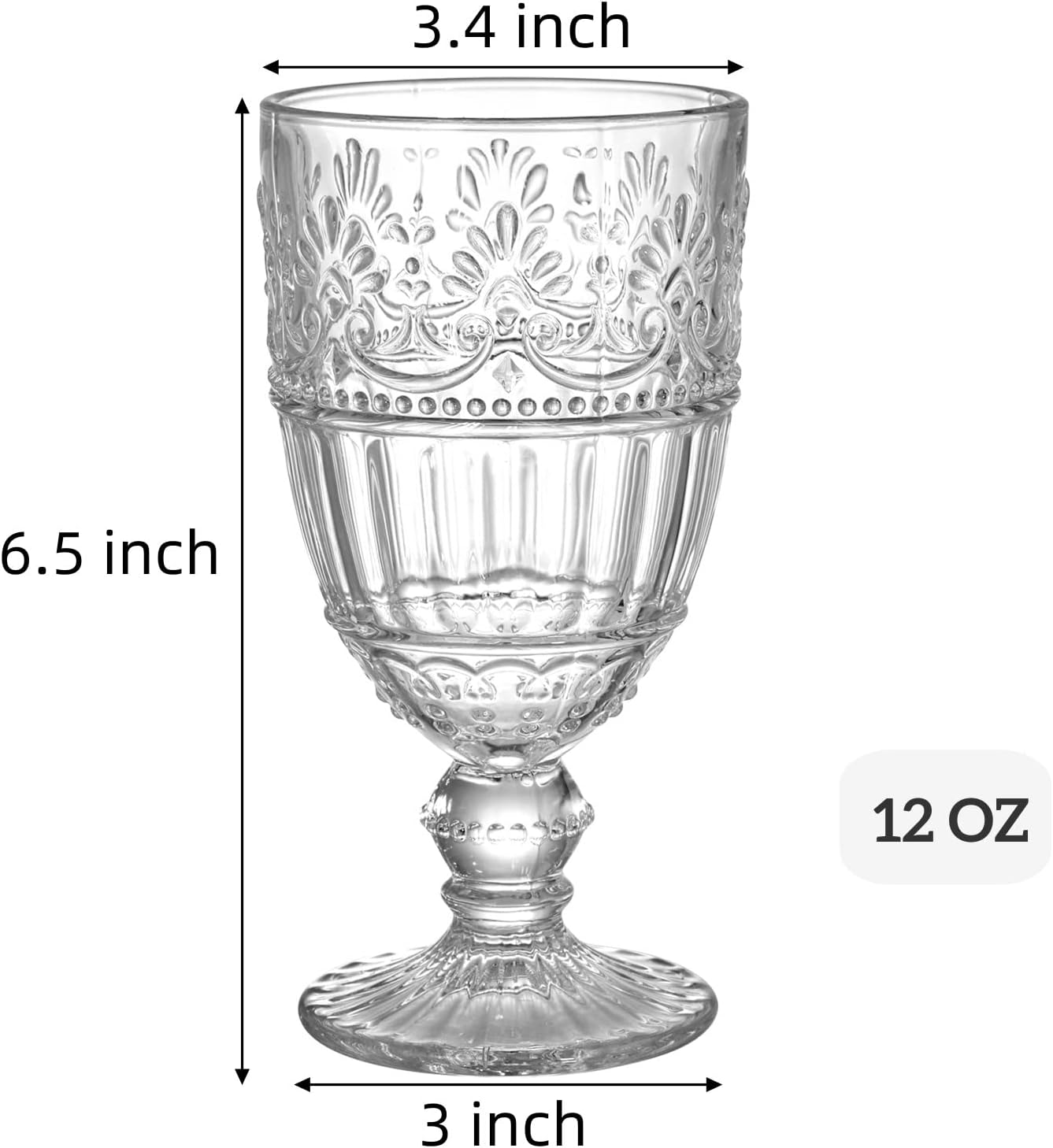 AVLA 6 Pack Glass Goblet, 12 OZ Vintage Wine Glassware, Romantic Wedding Glass Set, Drinking Stemware Beverage Cups for Party, Bar, Champagne, Juice, Beer, Cocktail, Embossed Design