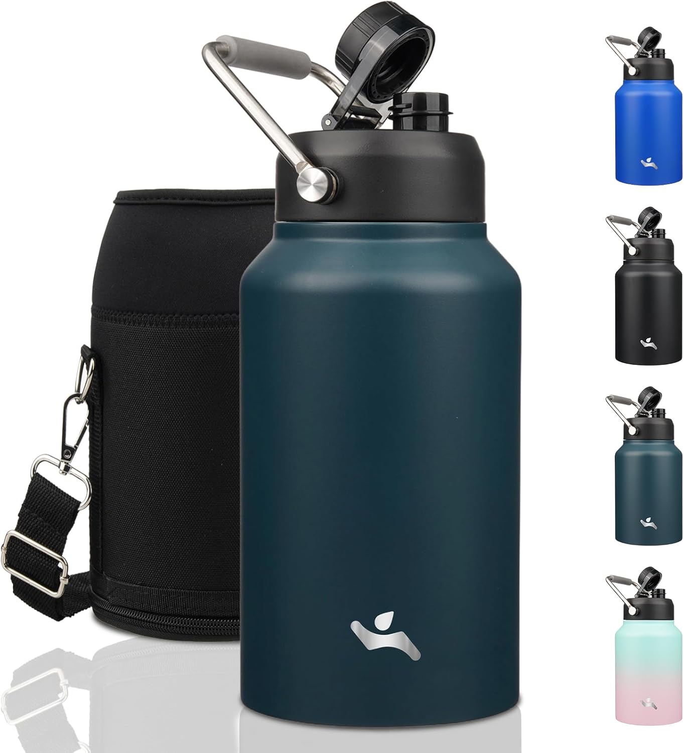 Half Gallon Jug with Handle,64 oz Insulated Water Bottle with Carrying Pouch,Double Wall Vacuum Stainless Steel Metal Bottle,Day Night