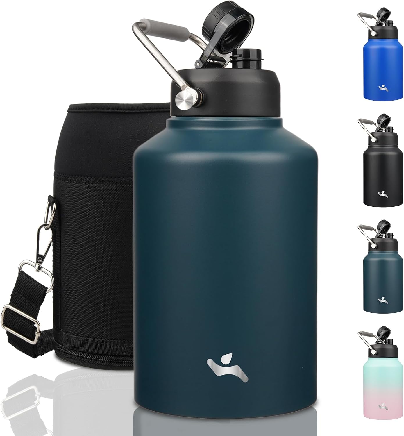 Half Gallon Jug with Handle,64 oz Insulated Water Bottle with Carrying Pouch,Double Wall Vacuum Stainless Steel Metal Bottle,Day Night