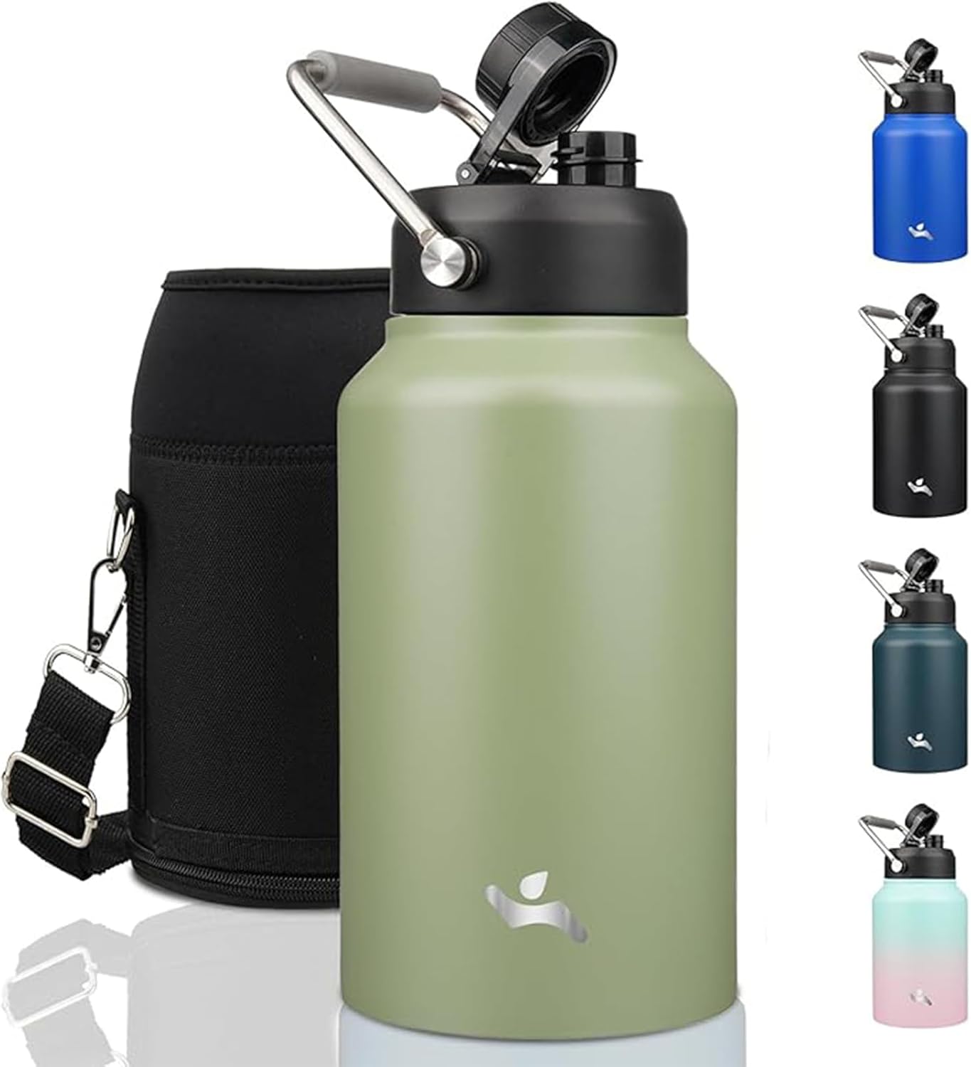 Half Gallon Jug with Handle,64 oz Insulated Water Bottle with Carrying Pouch,Double Wall Vacuum Stainless Steel Metal Bottle,Day Night