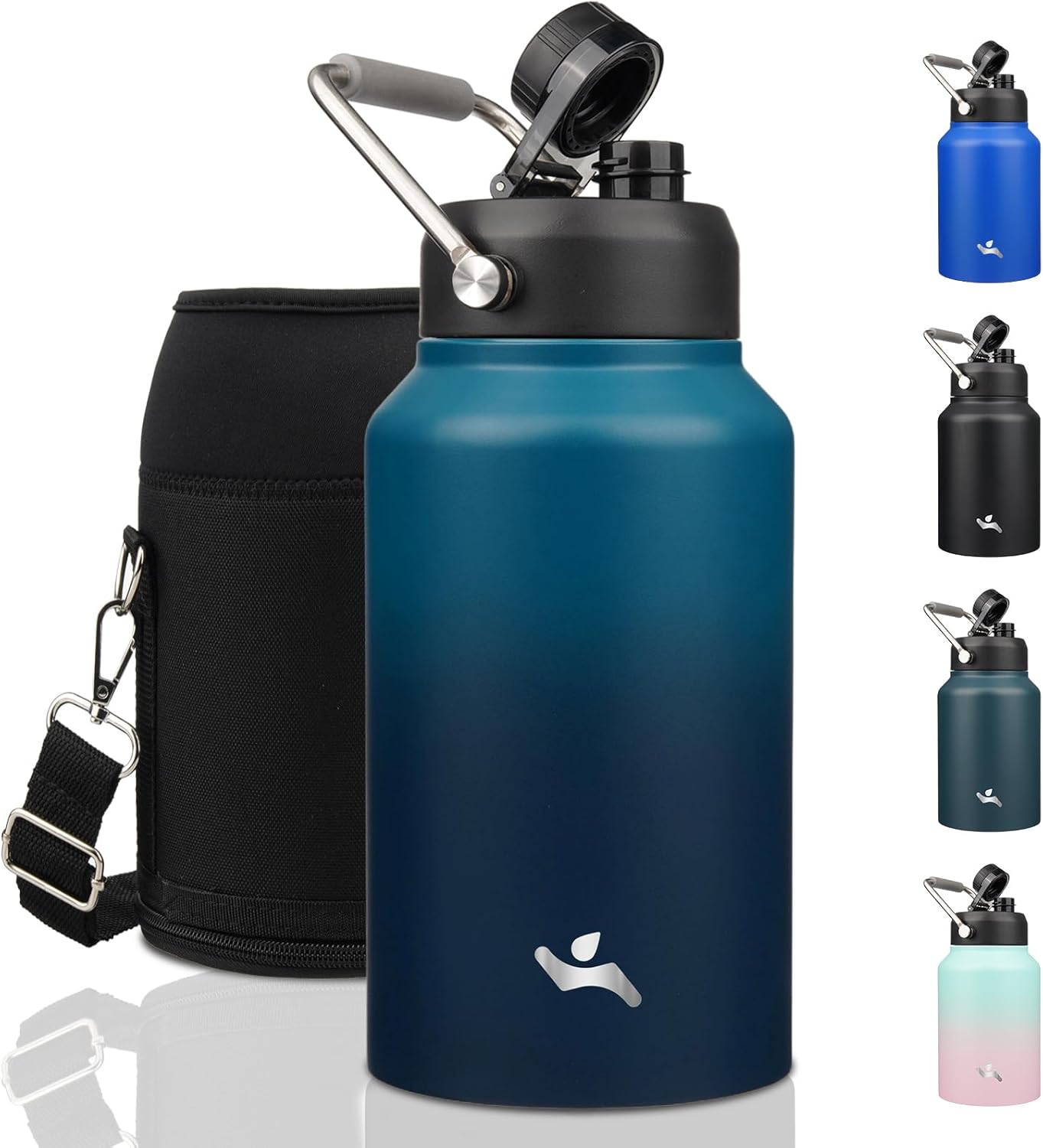Half Gallon Jug with Handle,64 oz Insulated Water Bottle with Carrying Pouch,Double Wall Vacuum Stainless Steel Metal Bottle,Day Night