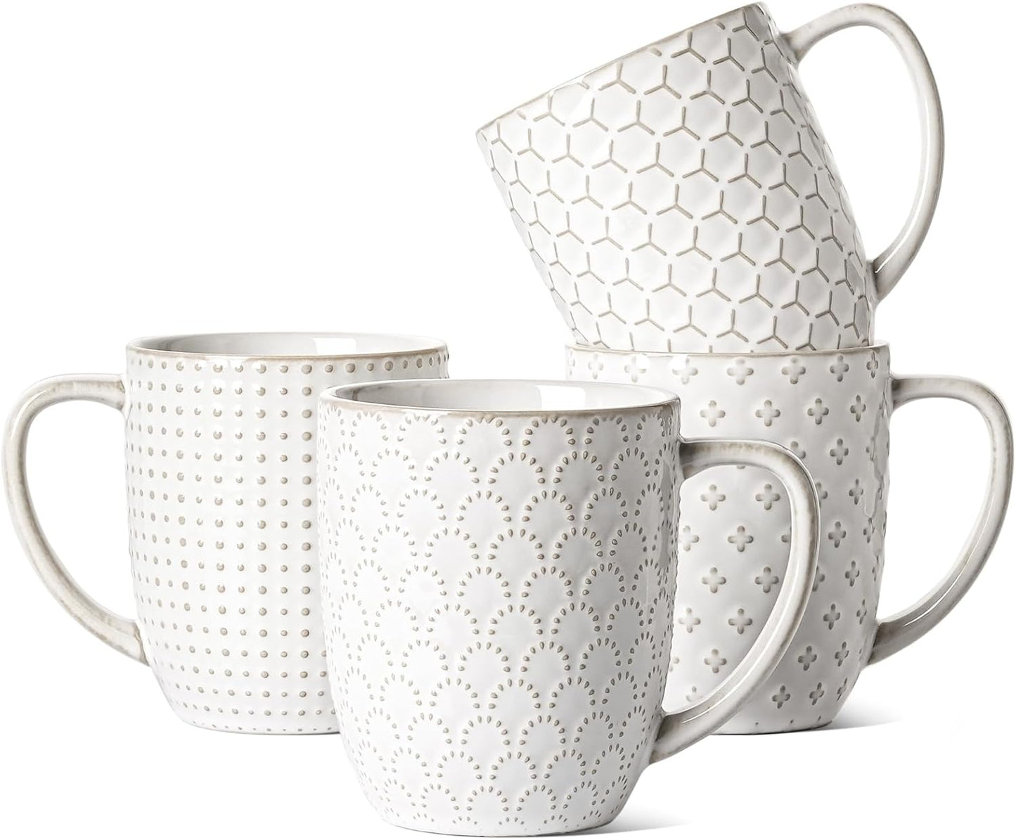 LE TAUCI Coffee Mugs 16 oz,Ceramic Mug Set, Embossment Cups for Latte, Hot Tea, Cappuccino, Mocha, Cocoa, Dishwasher Safe, Suit For Housewarming Wedding- 3.8 inch, Set of 4, Arctic White